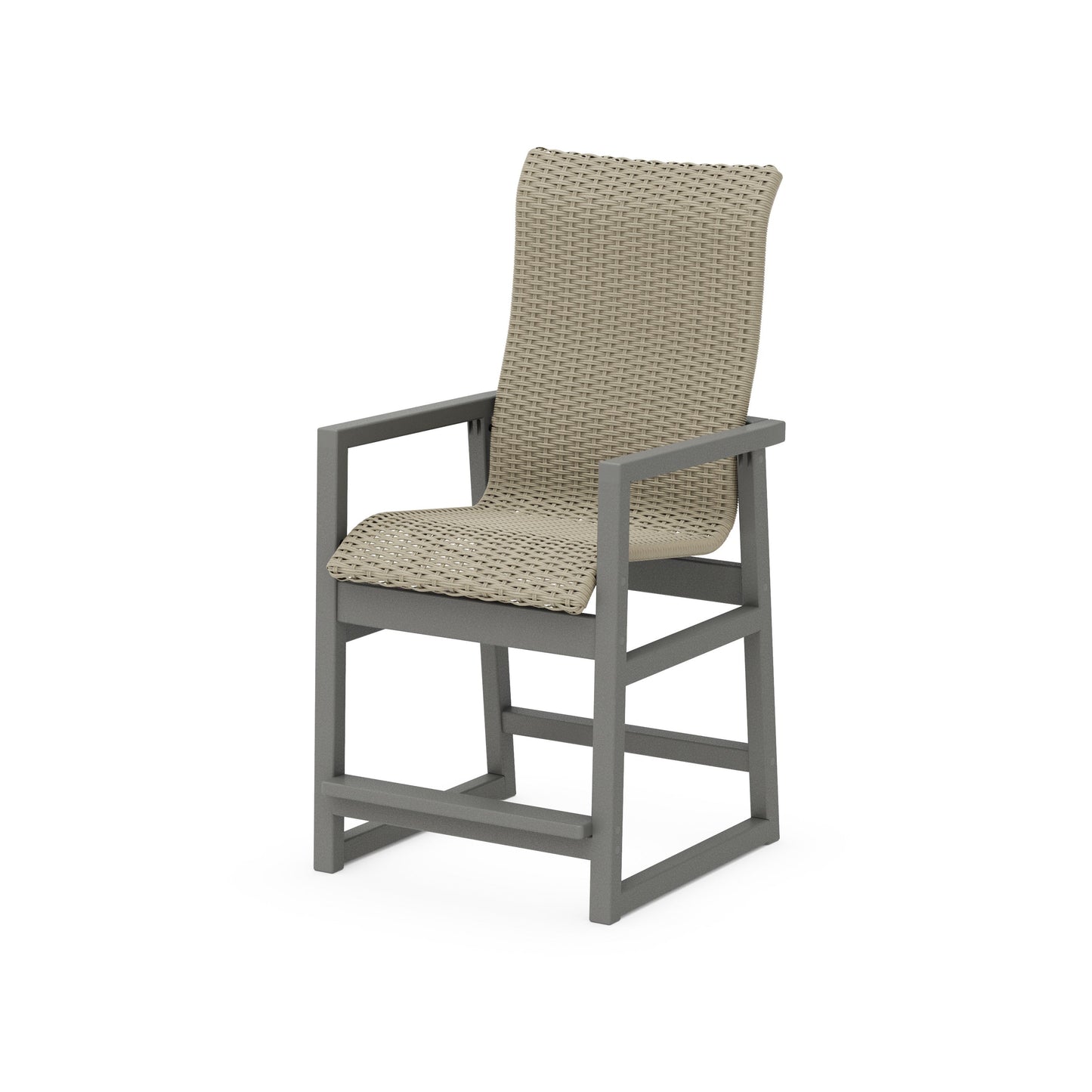POLYWOOD EDGE Woven High-Back Counter Arm Chair — Slate Grey / Dune Grass