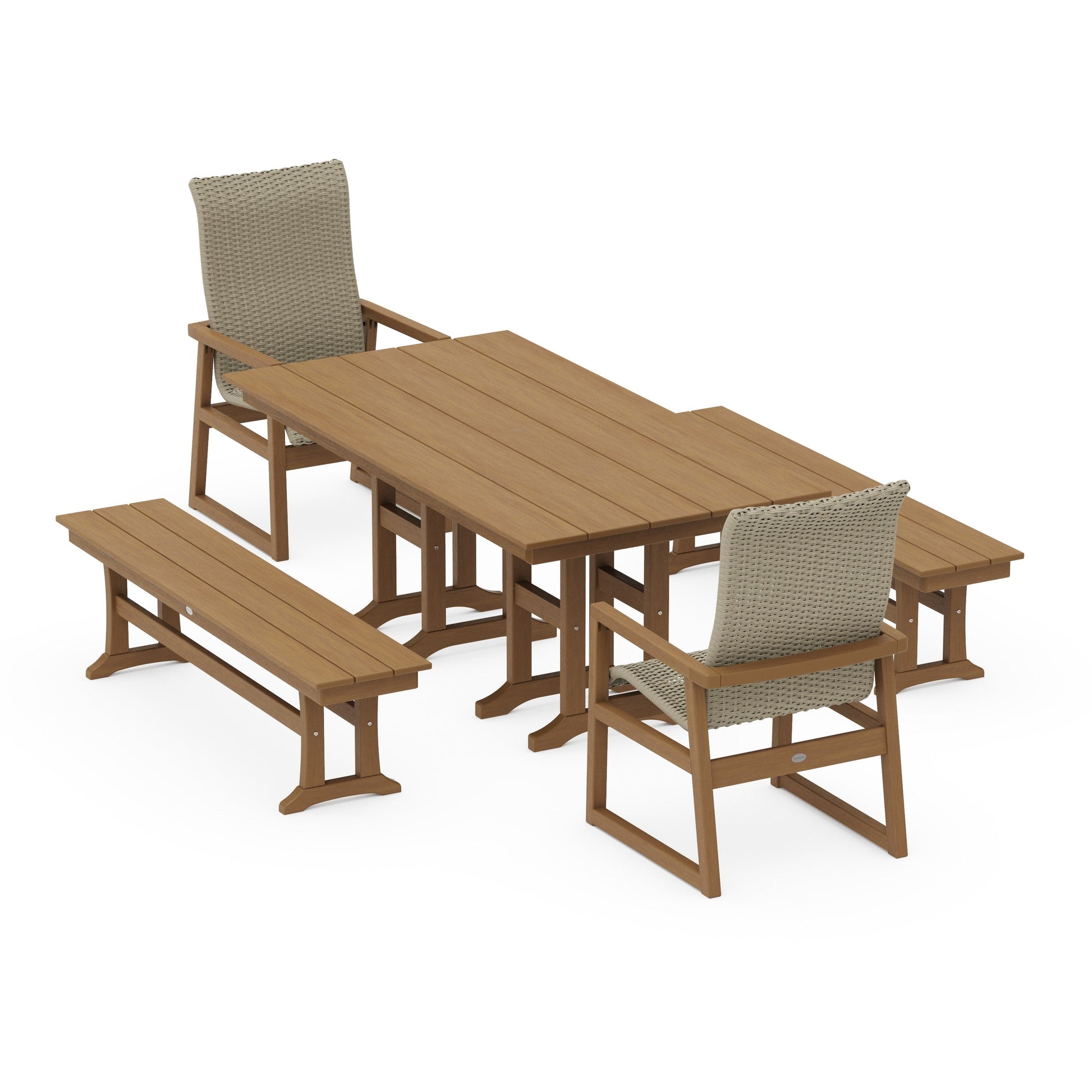 POLYWOOD EDGE Woven Highback 5-Piece Farmhouse Dining Set with Benches — Natural / Dune Grass