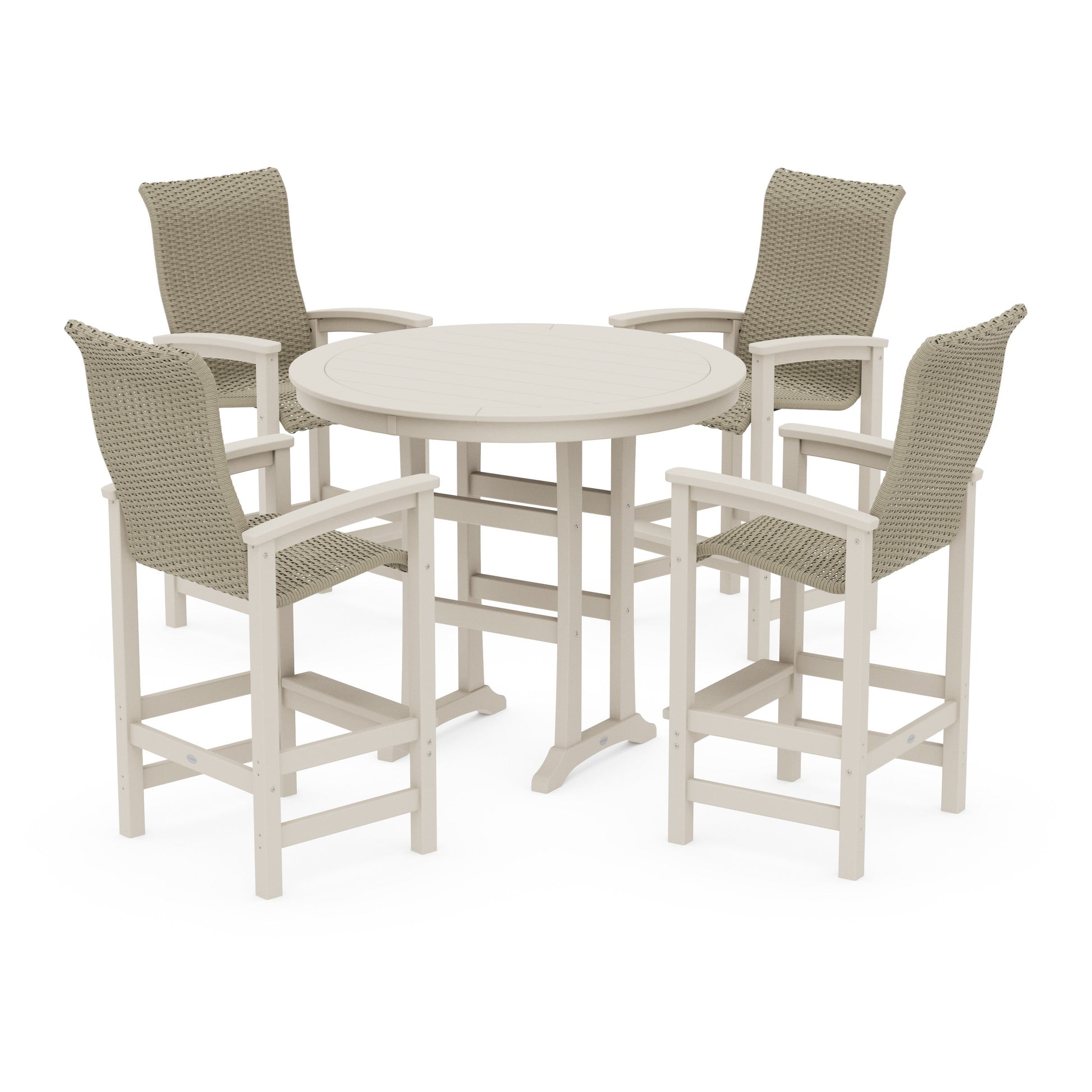 POLYWOOD Coastal Woven High-Back 5-Piece Round Bar Set — Sand / Dune Grass