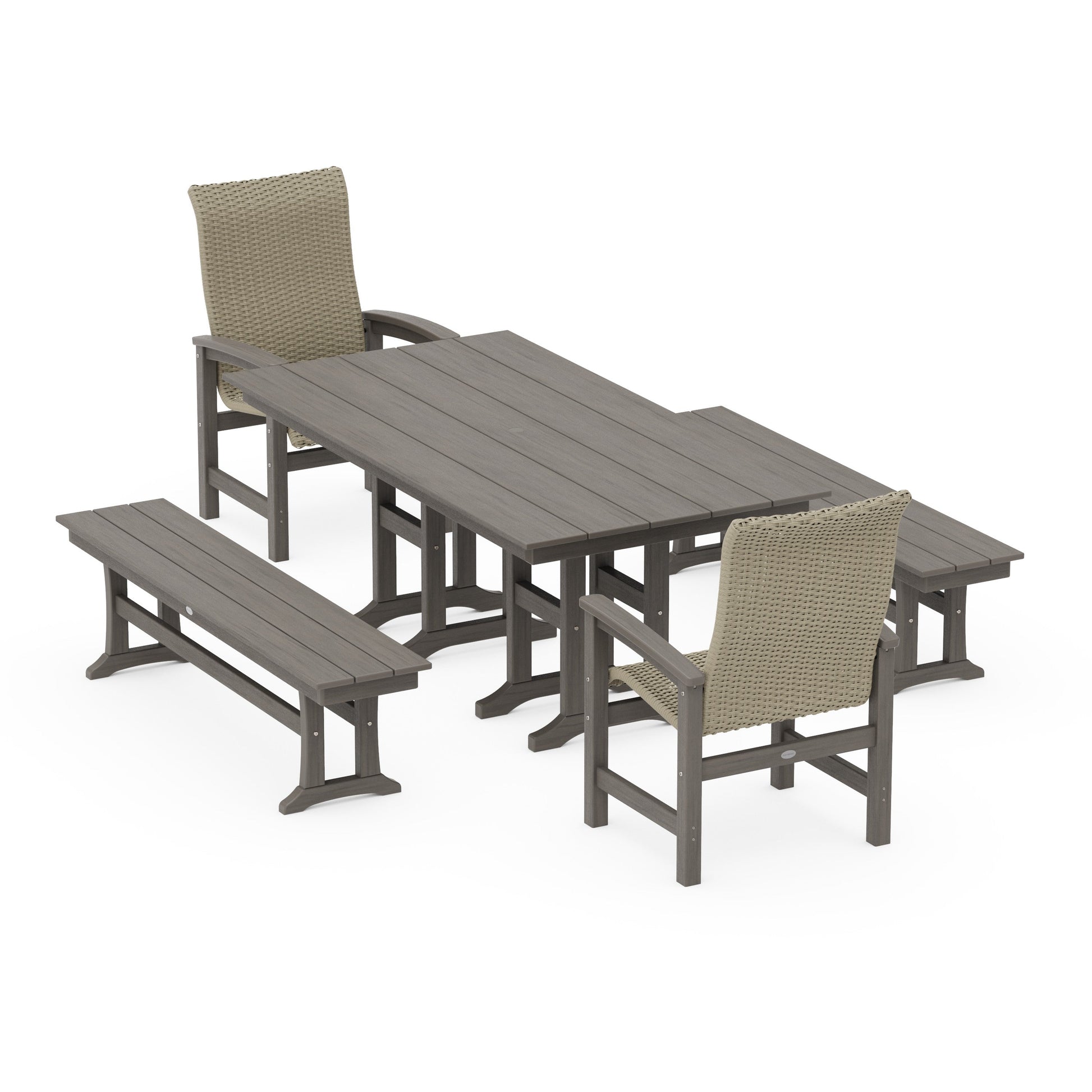 POLYWOOD Coastal Woven High-Back 5-Piece Farmhouse Dining Set with Benches — Driftwood / Dune Grass