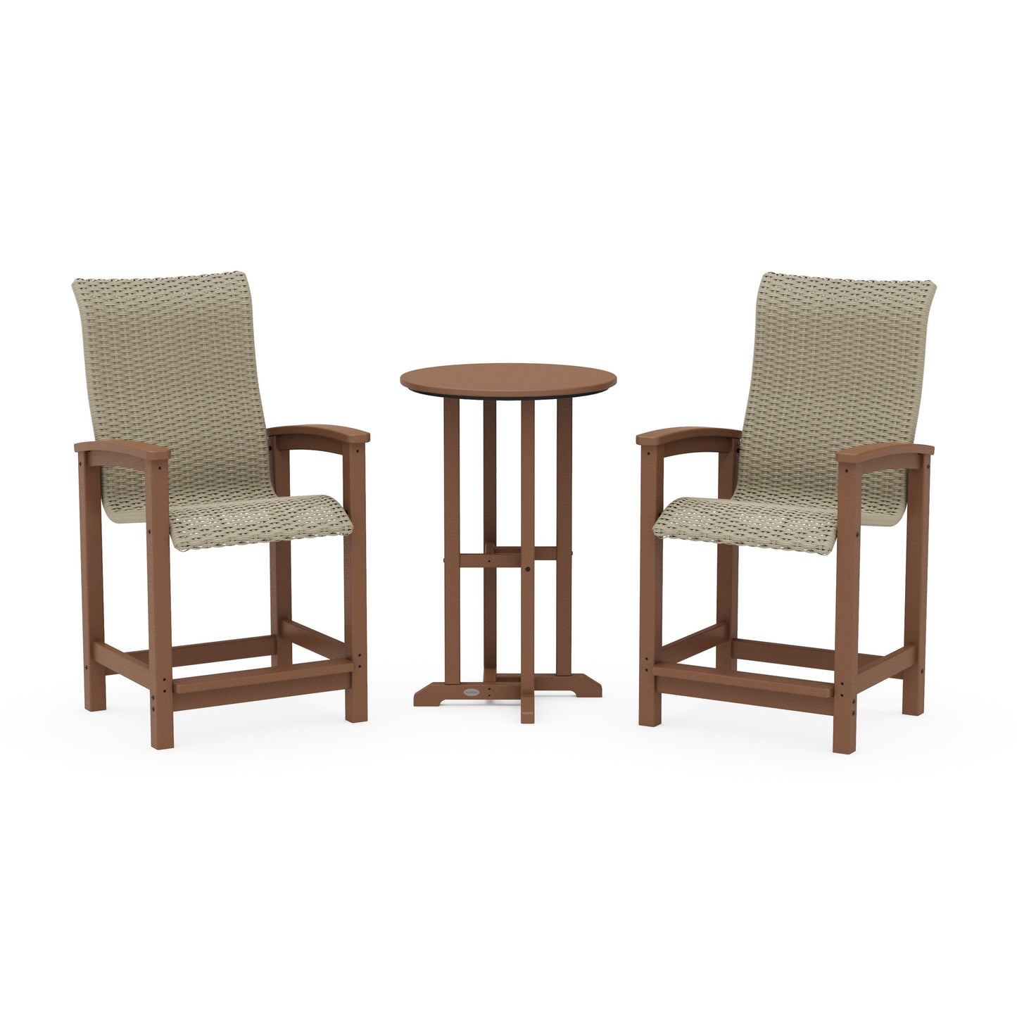 POLYWOOD Coastal Woven High-Back 3-Piece Farmhouse Counter Set — Teak / Dune Grass