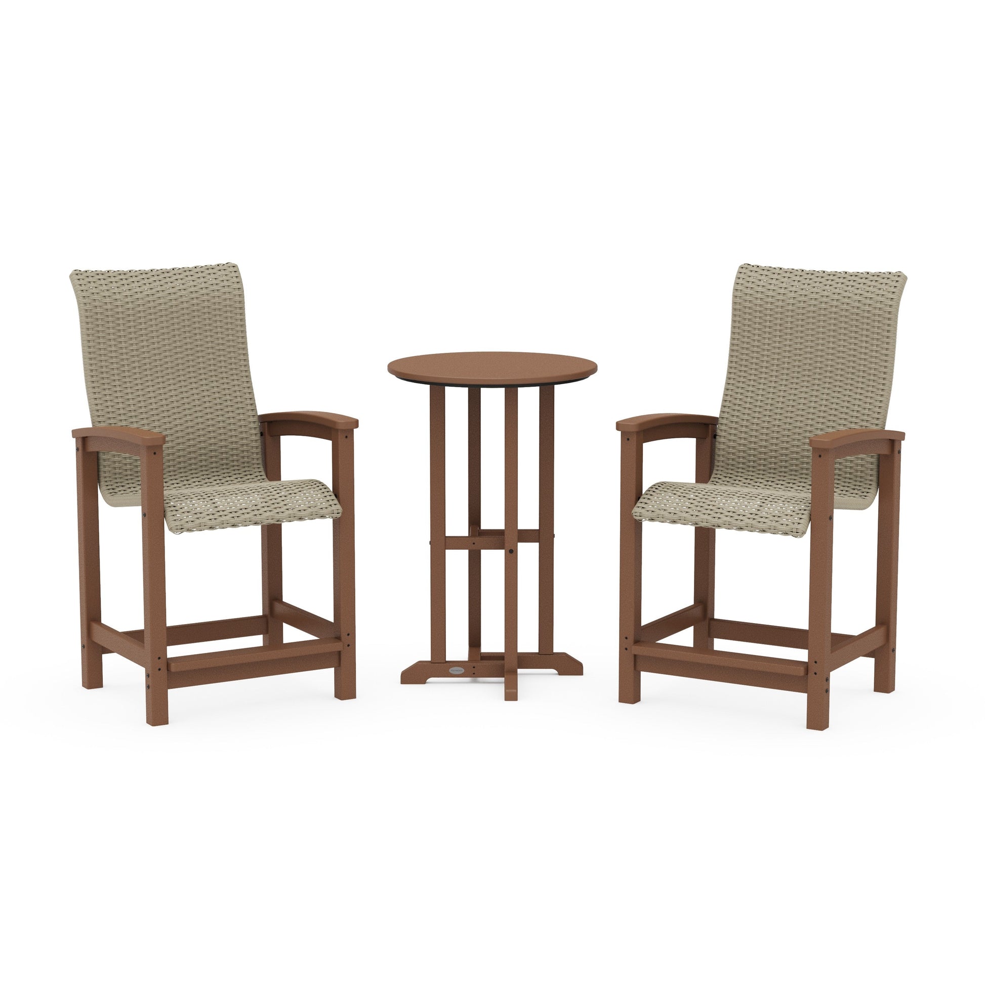 POLYWOOD Coastal Woven High-Back 3-Piece Farmhouse Counter Set — Teak / Dune Grass
