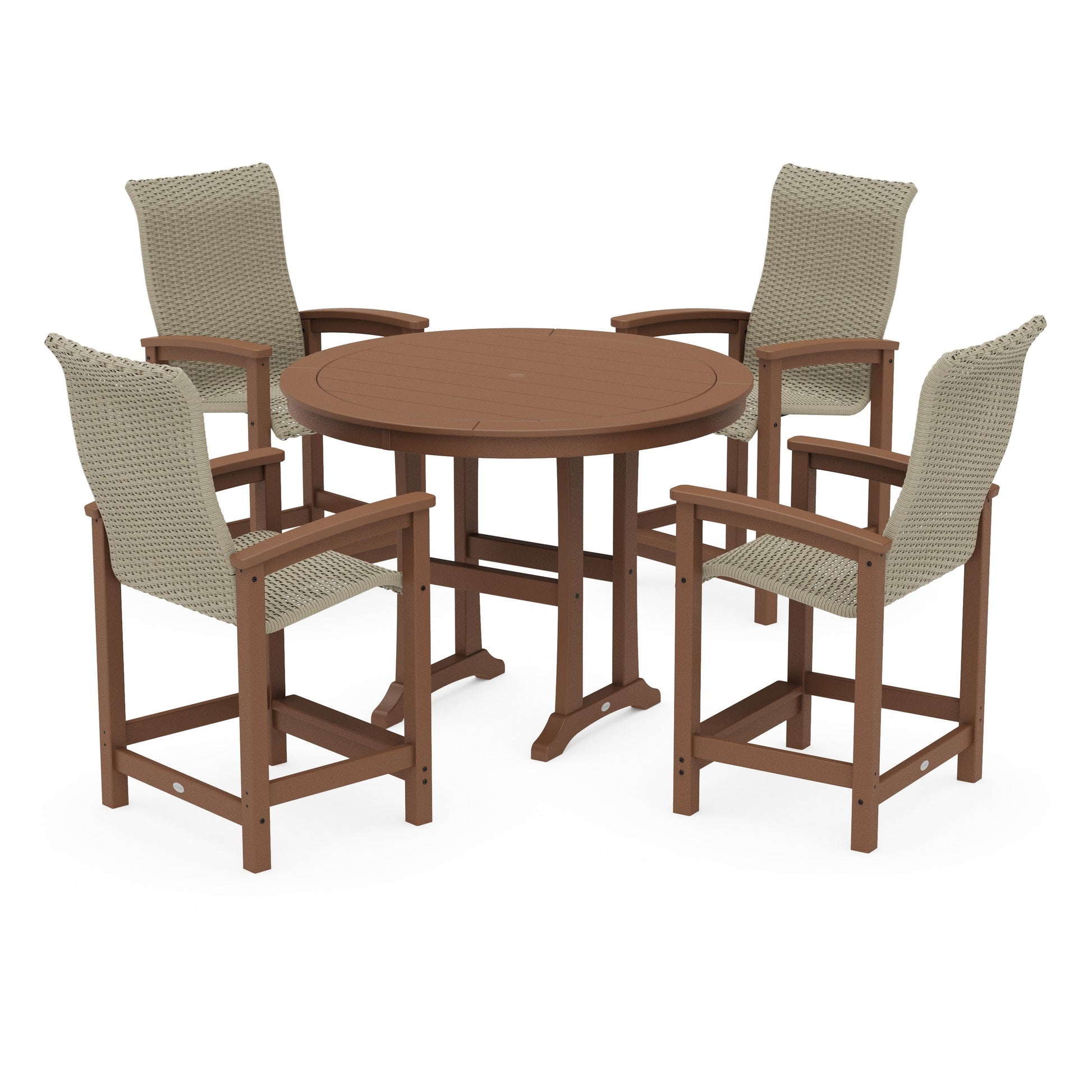 POLYWOOD Coastal Woven High-Back 5-Piece Round Counter Set — Teak / Dune Grass