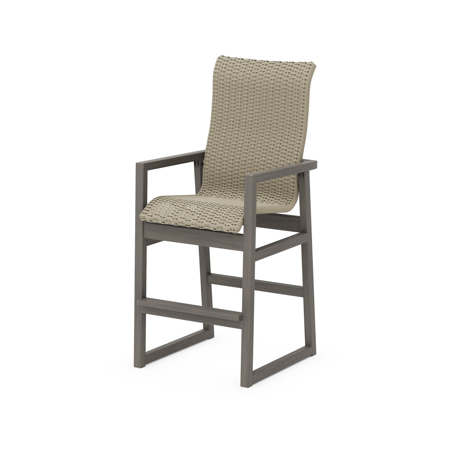 POLYWOOD EDGE Woven High-Back Bar Arm Chair — Driftwood / Dune Grass