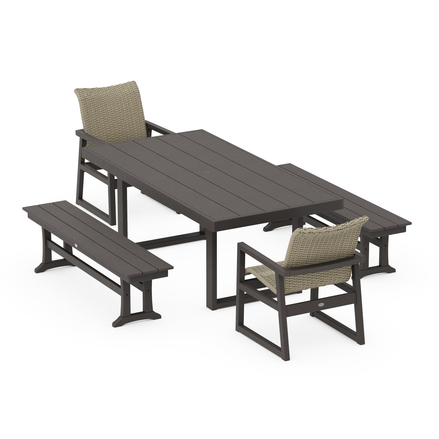 POLYWOOD EDGE Woven 5-Piece Dining Set with Benches — Vintage Coffee / Dune Grass