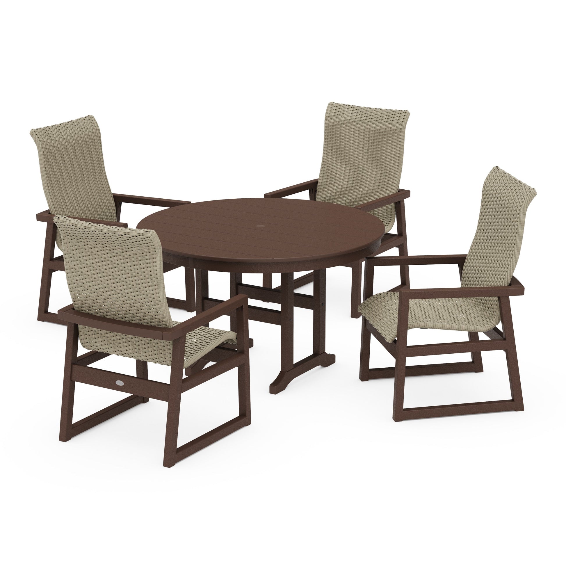 POLYWOOD EDGE Woven Highback 5-Piece Round Farmhouse Dining Set — Mahogany / Dune Grass