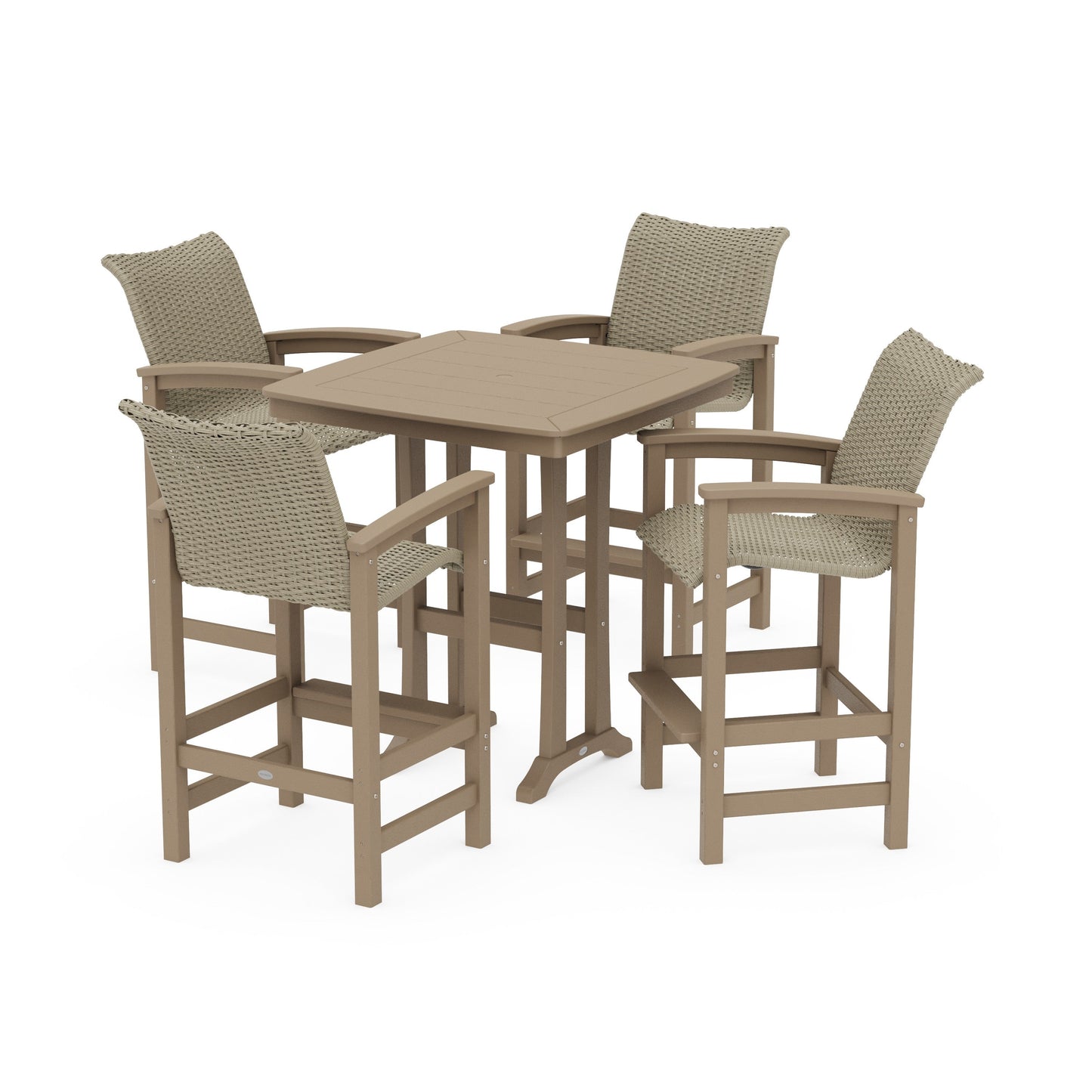 POLYWOOD Coastal Woven 5-Piece Bar Set with Trestle Legs — Vintage Sahara / Dune Grass