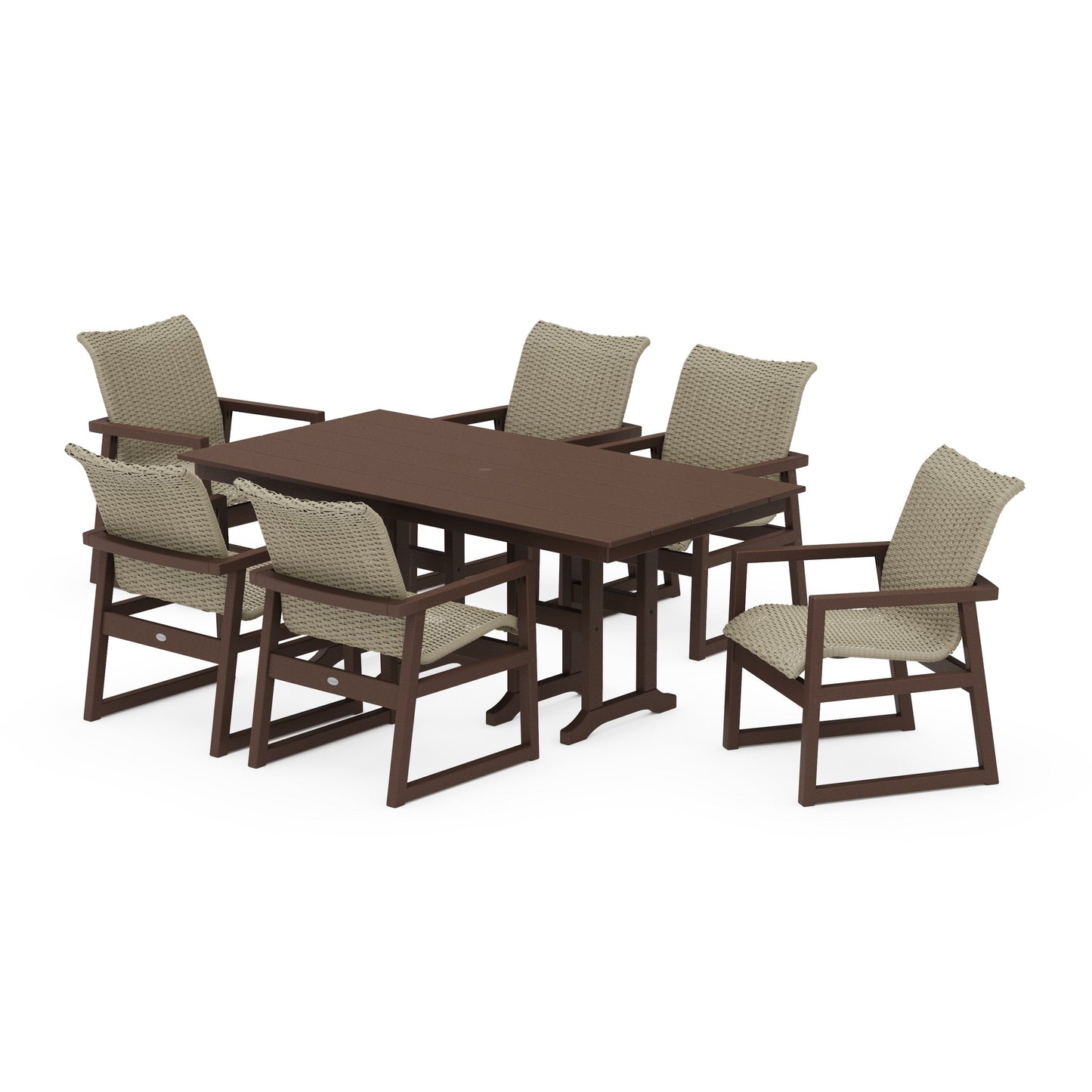 POLYWOOD EDGE Woven Arm Chair 7-Piece Farmhouse Dining Set — Mahogany / Dune Grass