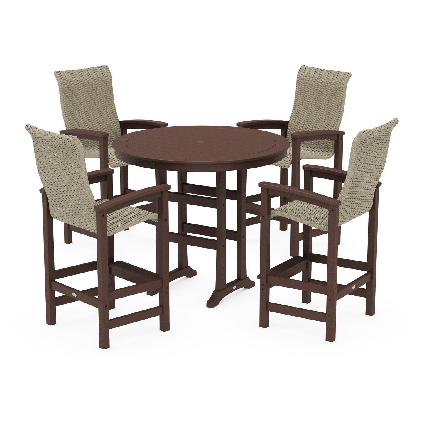 POLYWOOD Coastal Woven High-Back 5-Piece Round Bar Set — Mahogany / Dune Grass