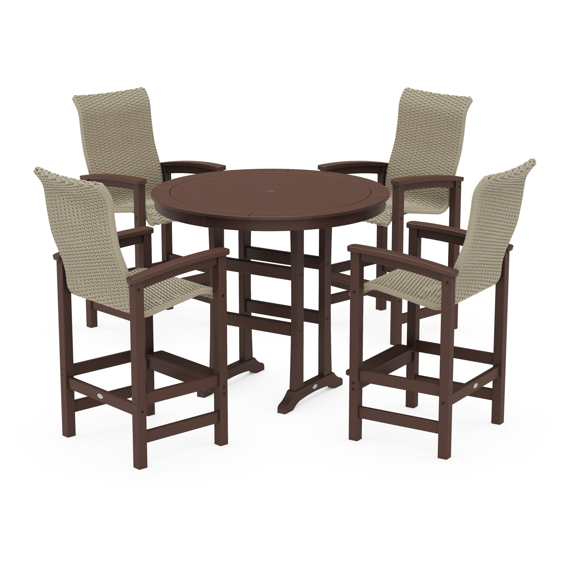 POLYWOOD Coastal Woven High-Back 5-Piece Round Bar Set — Mahogany / Dune Grass