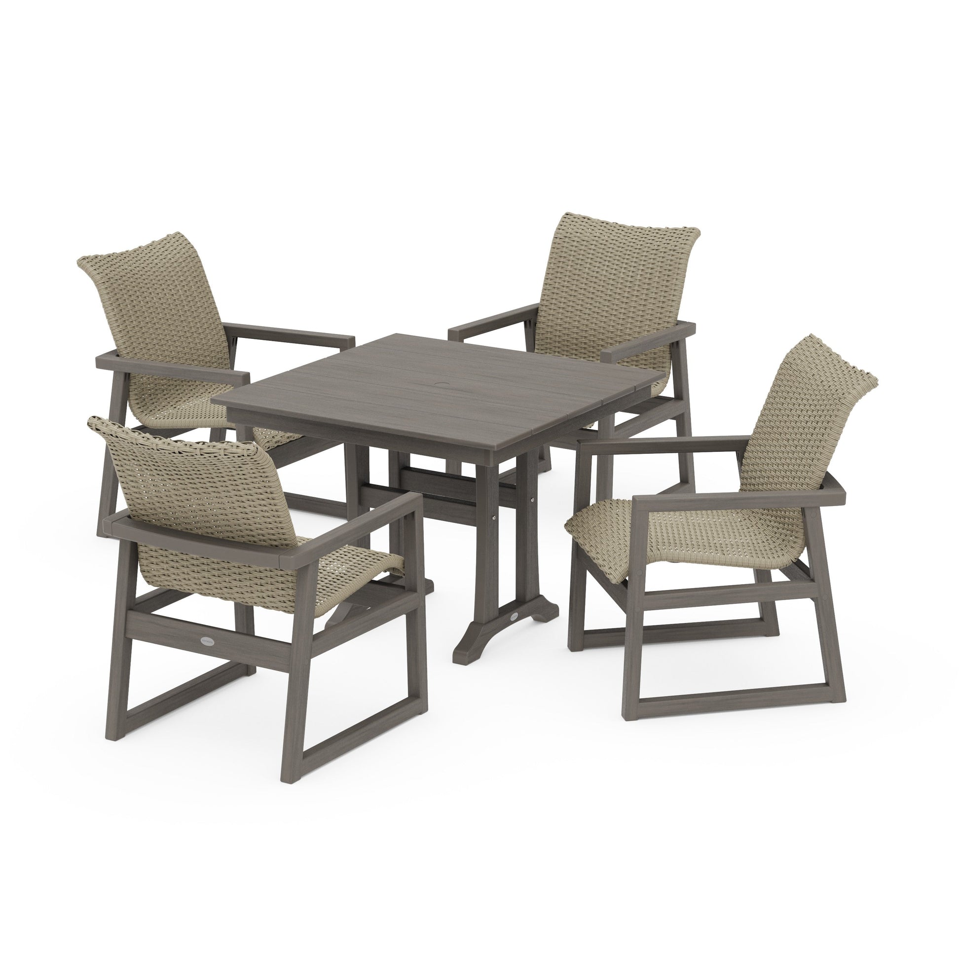 POLYWOOD EDGE Woven 5-Piece Farmhouse Dining Set with Trestle Legs — Driftwood / Dune Grass