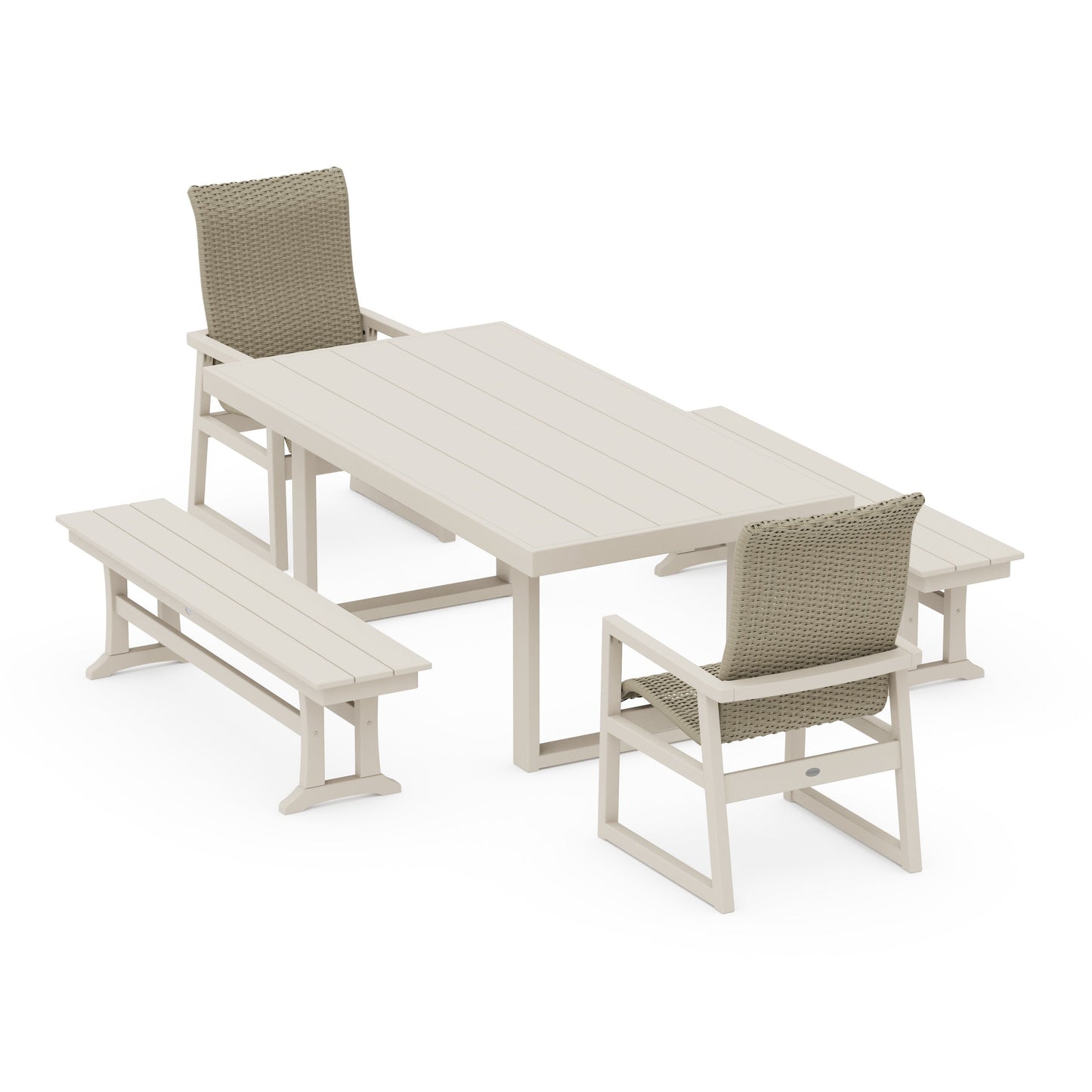 POLYWOOD EDGE Woven Highback 5-Piece Dining Set with Benches — Sand / Dune Grass