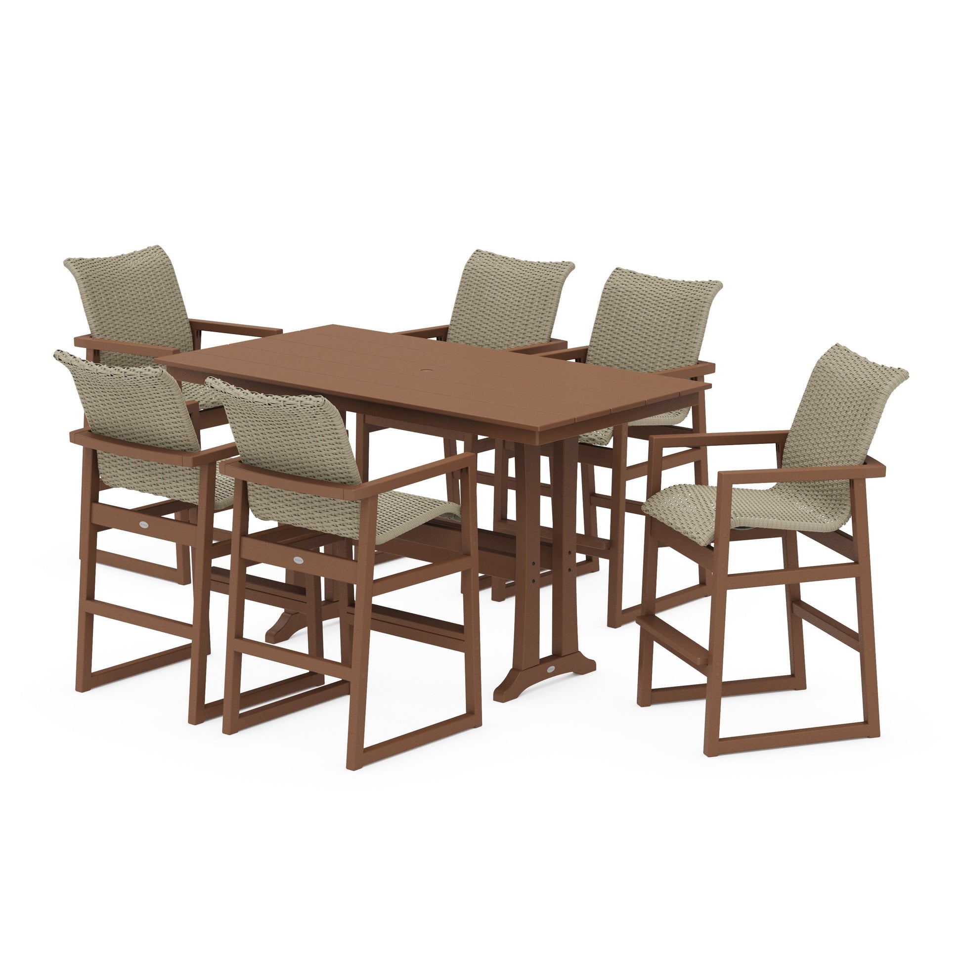 POLYWOOD EDGE Woven Arm Chair 7-Piece Farmhouse Bar Set with Trestle Legs — Teak / Dune Grass