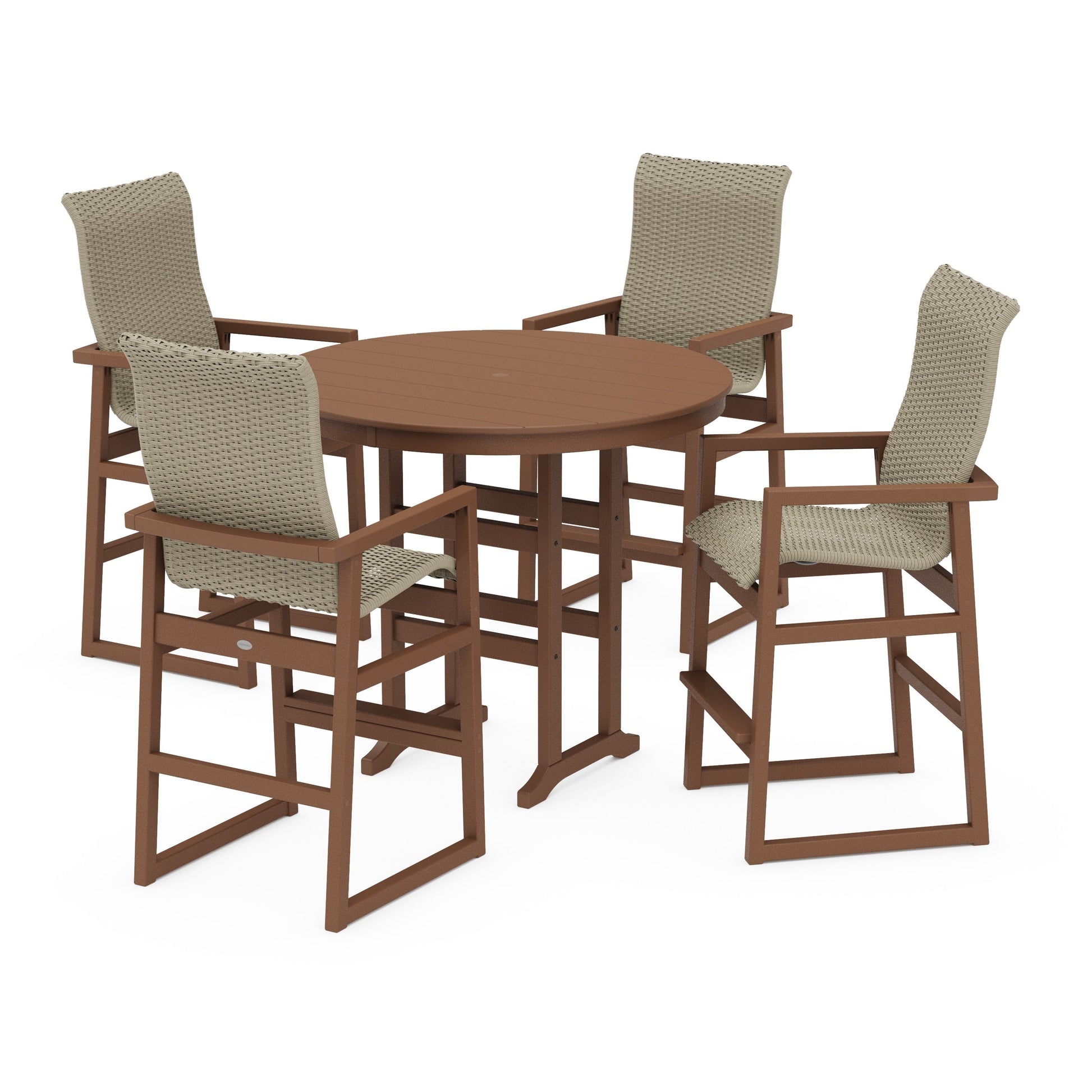POLYWOOD EDGE Woven Highback 5-Piece Round Farmhouse Bar Set — Teak / Dune Grass