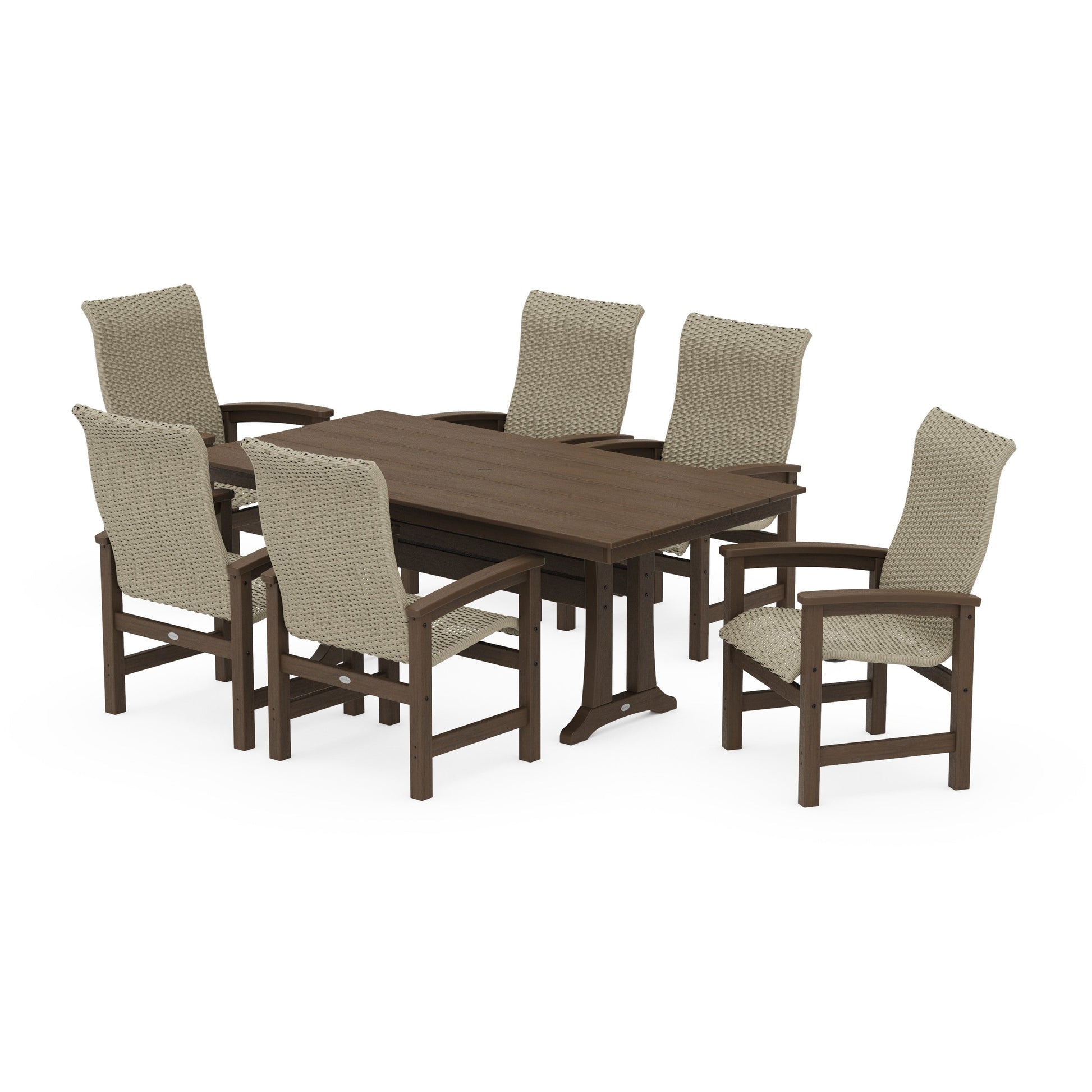 POLYWOOD Coastal Woven High-Back Arm Chair 7-Piece Farmhouse Dining Set with Trestle Legs — Kona / Dune Grass