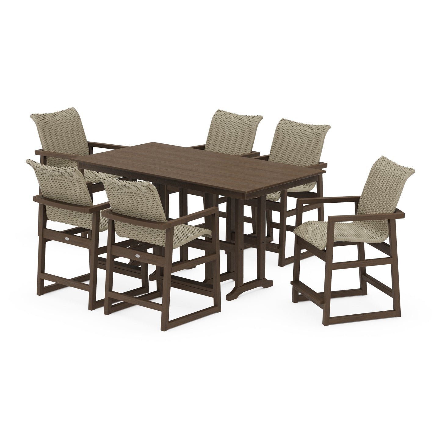 POLYWOOD EDGE Woven Arm Chair 7-Piece Farmhouse Counter Set — Kona / Dune Grass