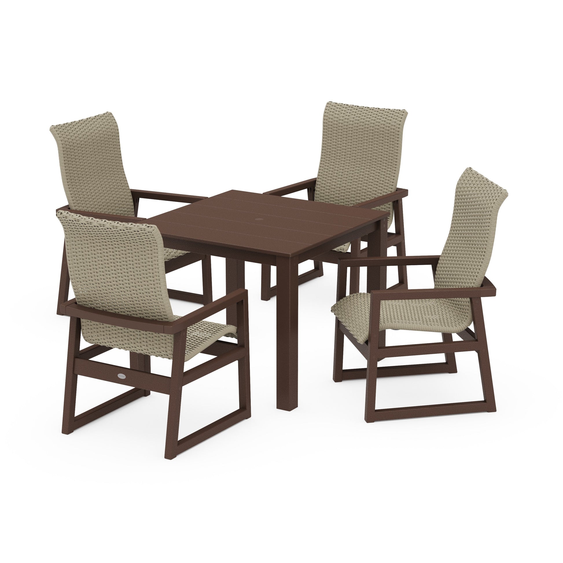 POLYWOOD EDGE Woven Highback 5-Piece Parsons Dining Set — Mahogany / Dune Grass