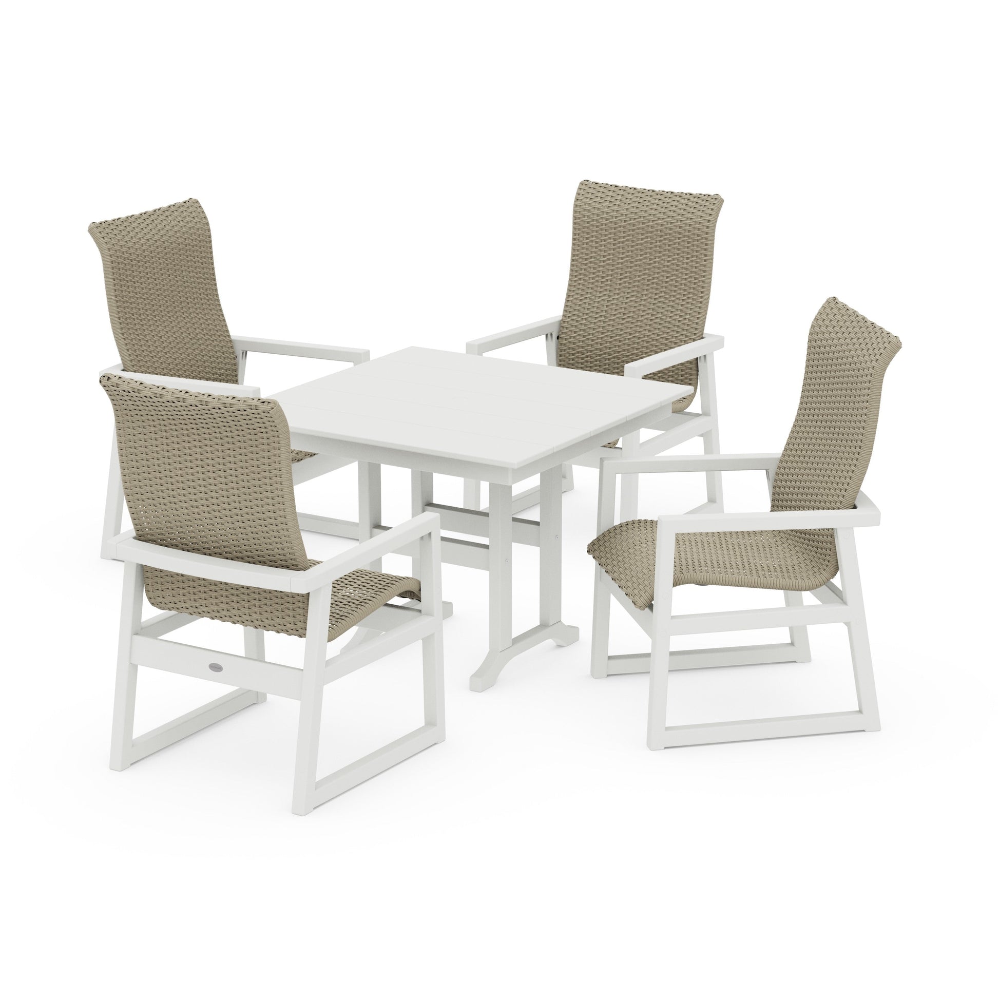 POLYWOOD EDGE Woven Highback 5-Piece Farmhouse Dining Set — White / Dune Grass