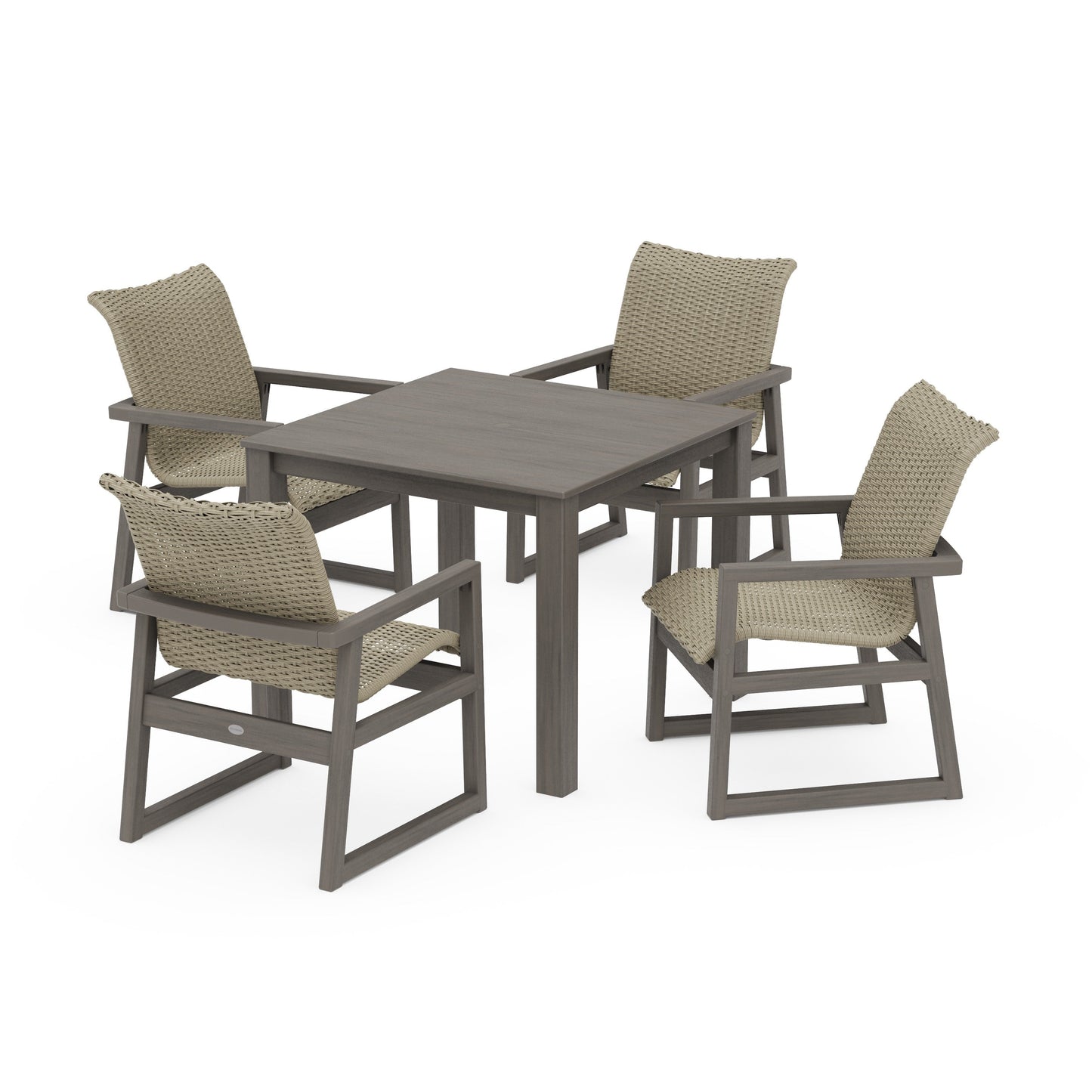 POLYWOOD EDGE Woven 5-Piece Parsons Dining Set — Driftwood / Dune Grass
