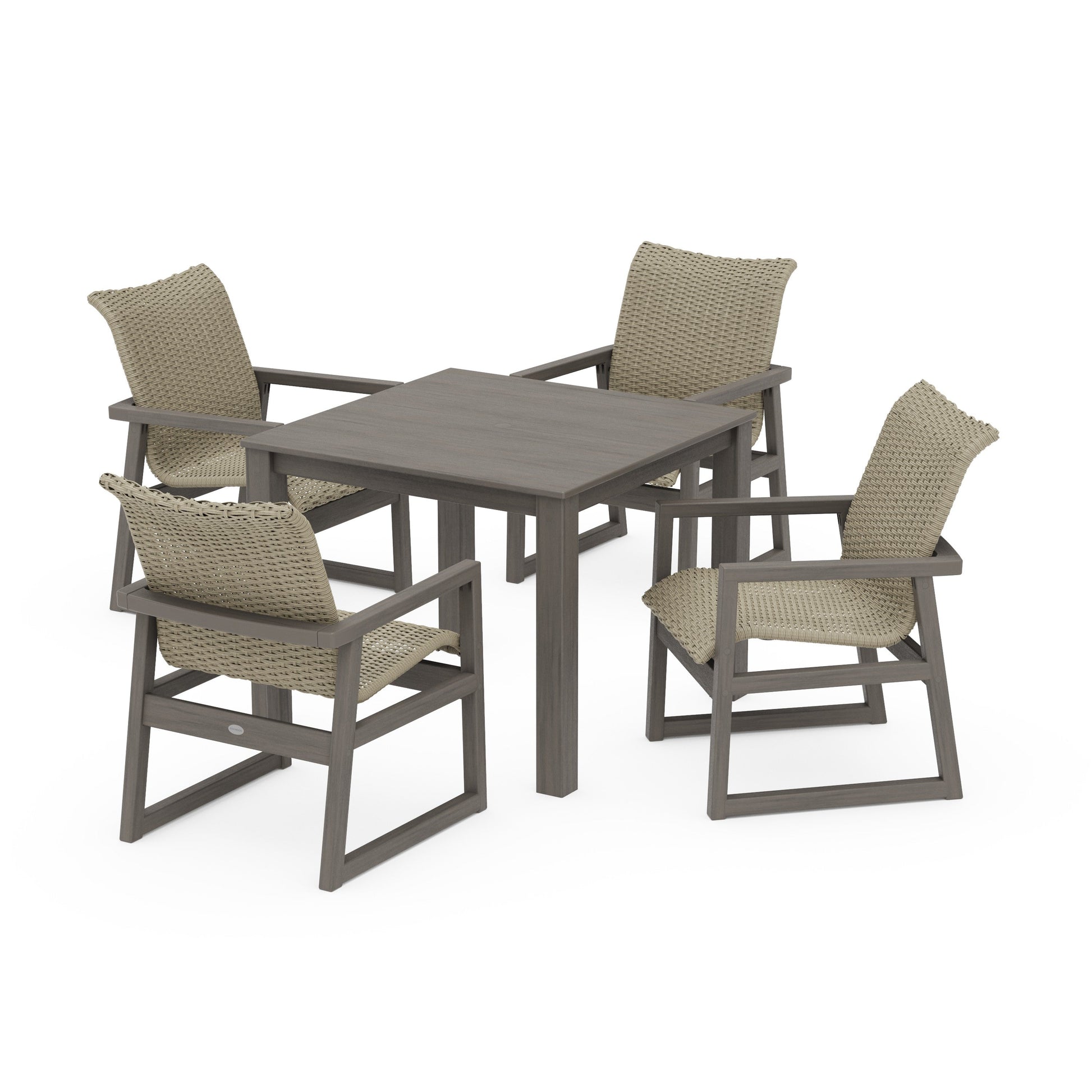 POLYWOOD EDGE Woven 5-Piece Parsons Dining Set — Driftwood / Dune Grass