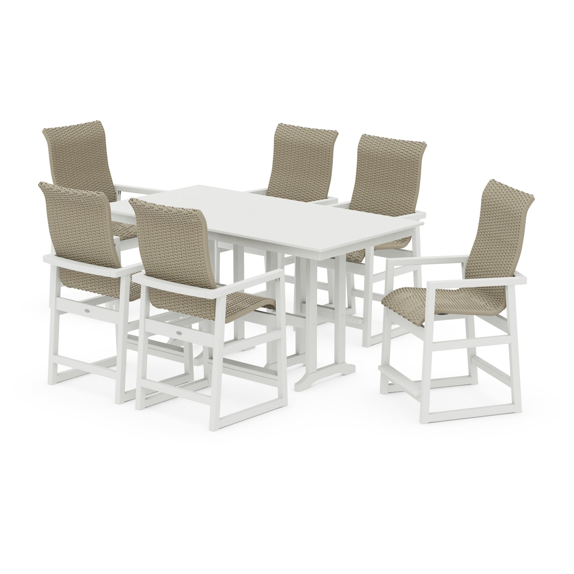 POLYWOOD EDGE Woven Highback Arm Chair 7-Piece Farmhouse Counter Set — White / Dune Grass