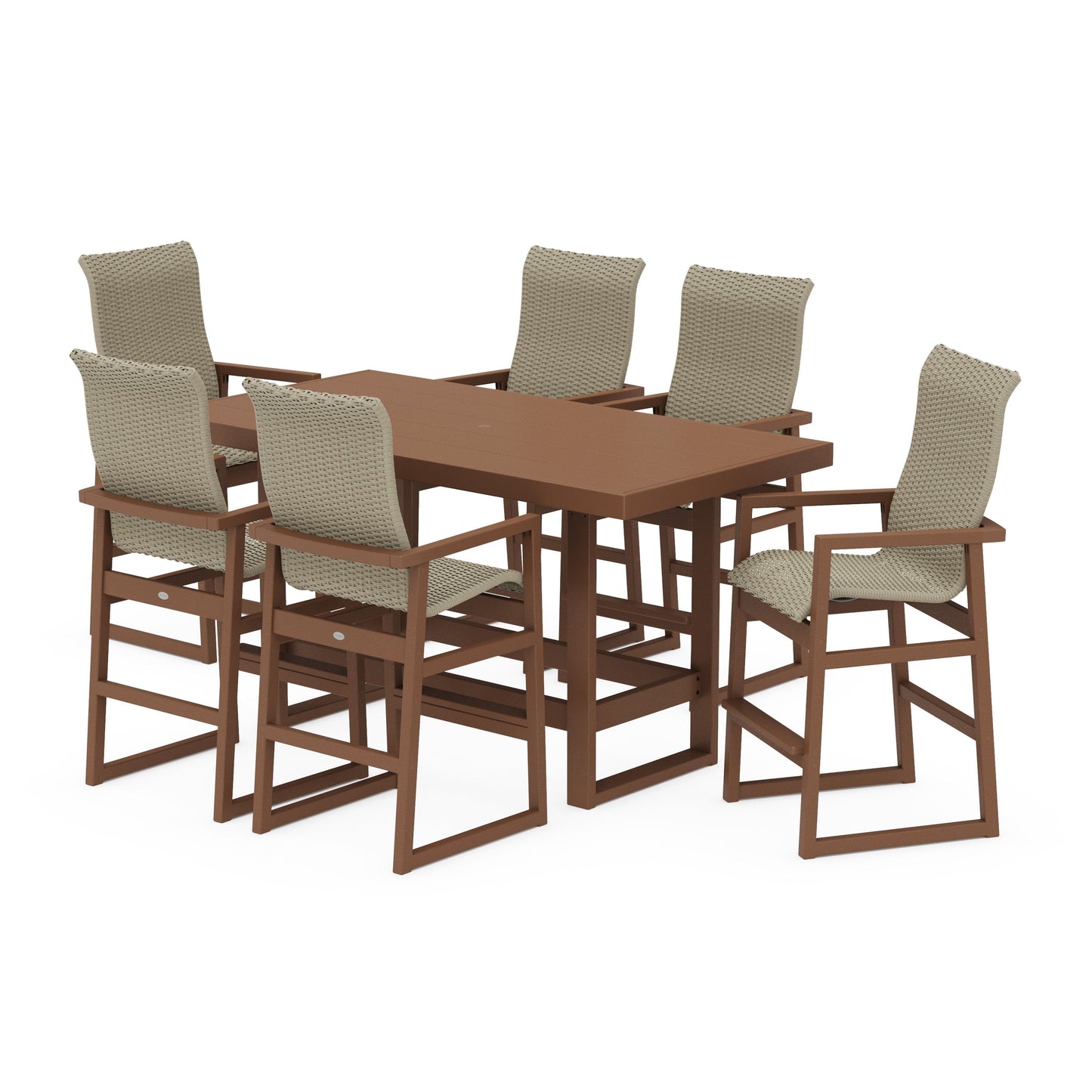 POLYWOOD EDGE Woven Highback Arm Chair 7-Piece Bar Set — Teak / Dune Grass