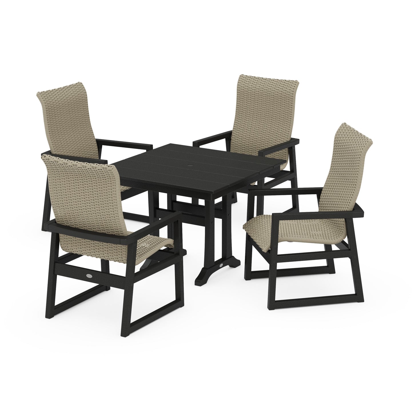 POLYWOOD EDGE Woven Highback 5-Piece Farmhouse Dining Set with Trestle Legs — Black / Dune Grass