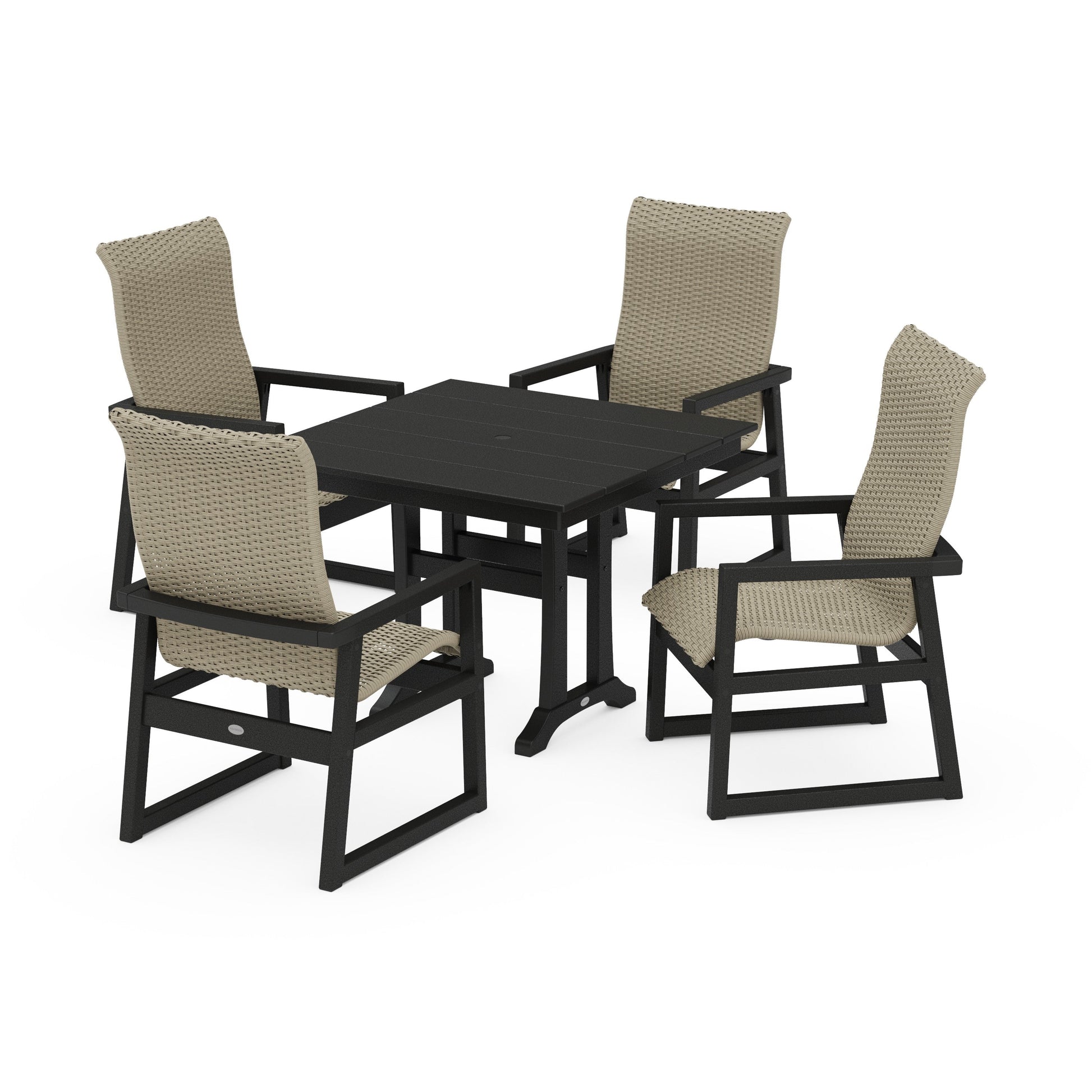 POLYWOOD EDGE Woven Highback 5-Piece Farmhouse Dining Set with Trestle Legs — Black / Dune Grass