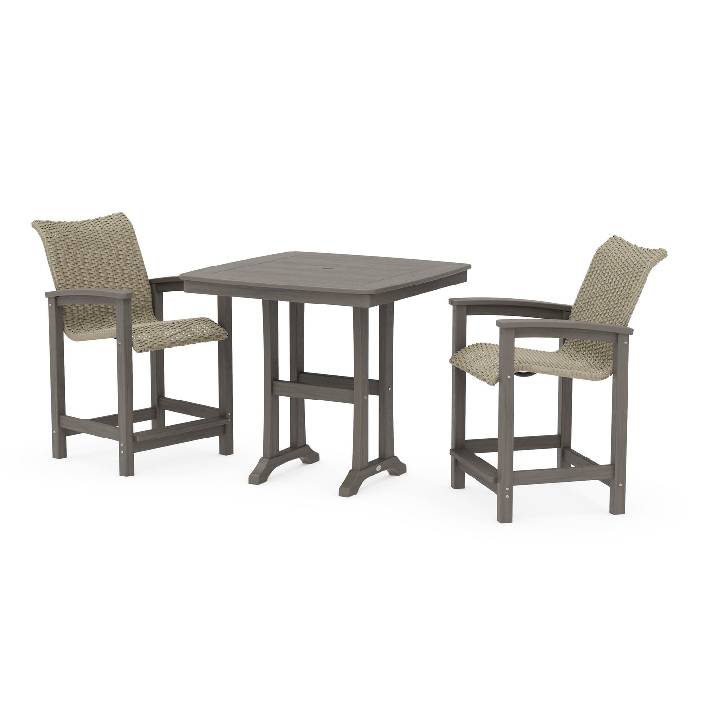 POLYWOOD Coastal Woven 3-Piece Counter Set with Trestle Legs — Driftwood / Dune Grass