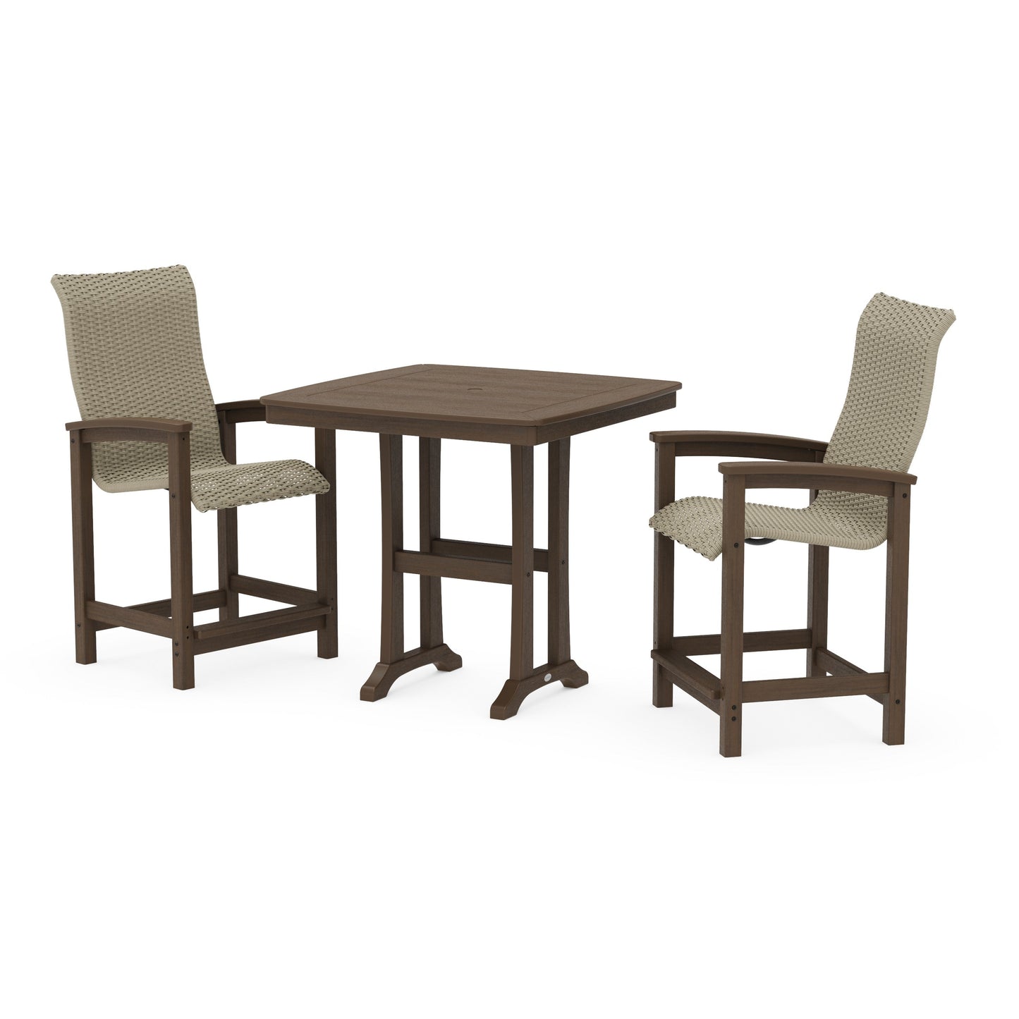 POLYWOOD Coastal Woven High-Back 3-Piece Counter Set with Trestle Legs — Kona / Dune Grass