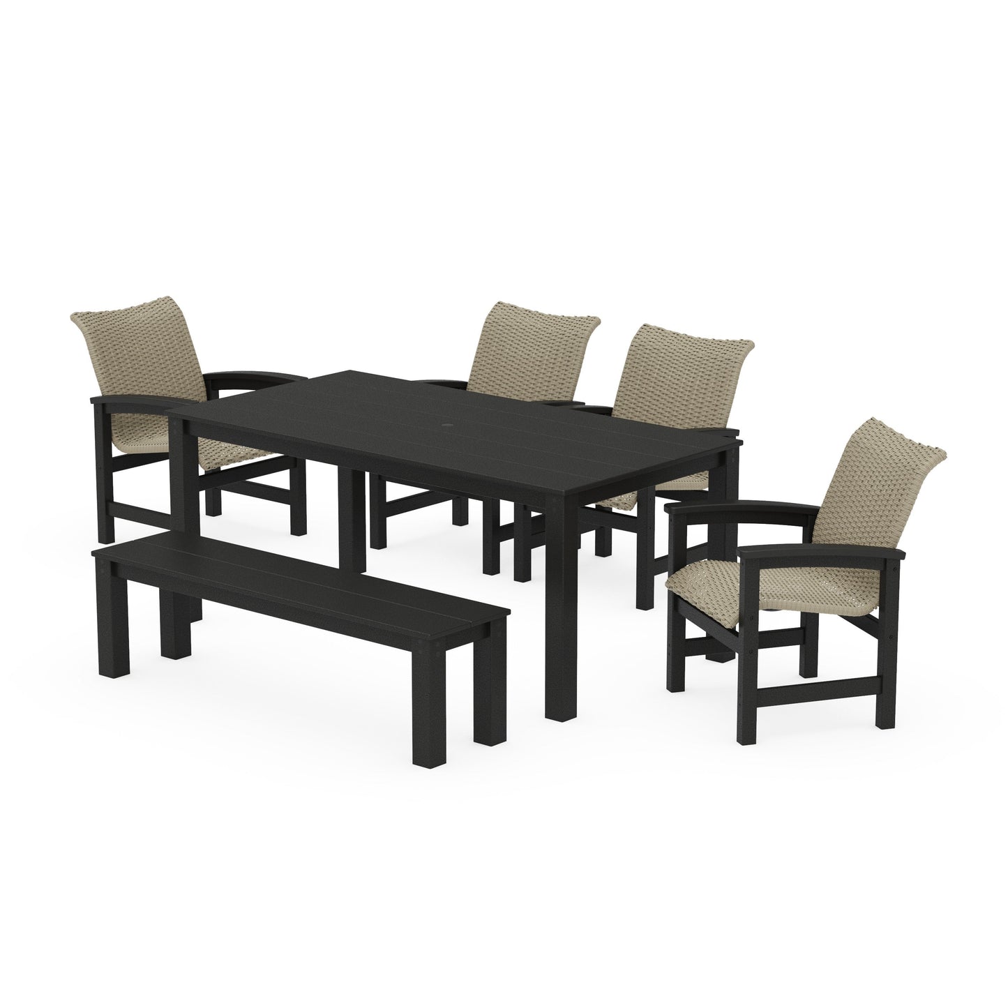 POLYWOOD Coastal Woven 6-Piece Parsons Dining Set with Bench — Black / Dune Grass