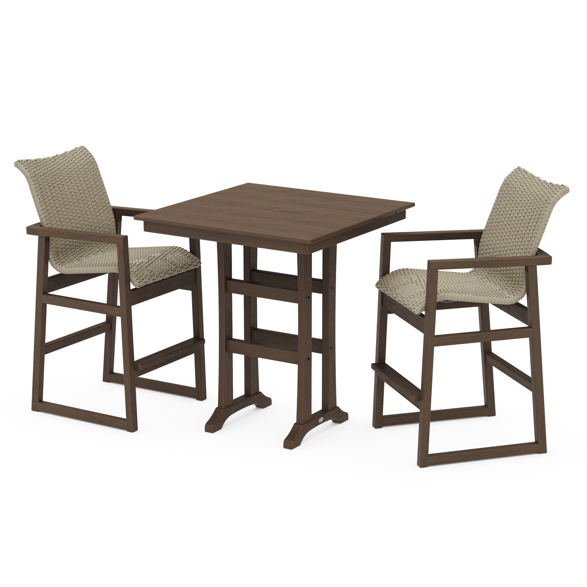 POLYWOOD EDGE Woven 3-Piece Farmhouse Bar Set with Trestle Legs — Kona / Dune Grass