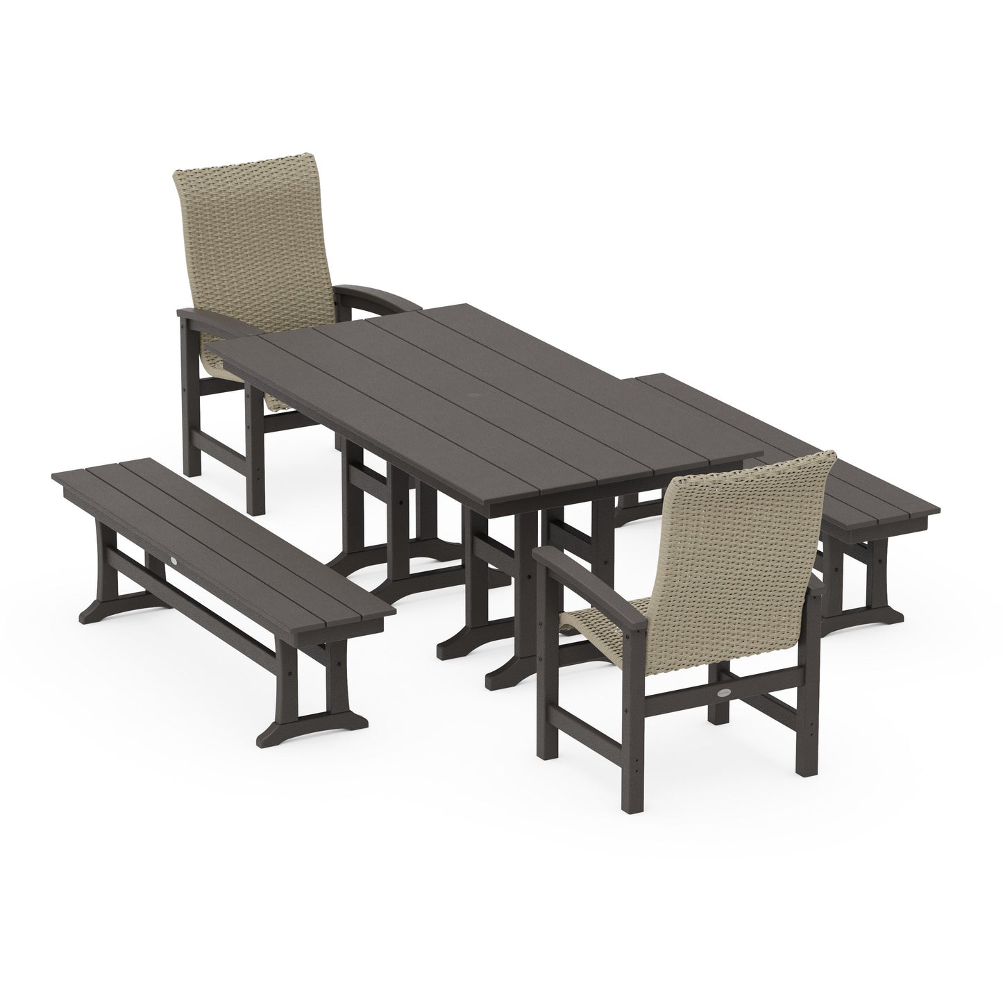 POLYWOOD Coastal Woven High-Back 5-Piece Farmhouse Dining Set with Benches — Vintage Coffee / Dune Grass