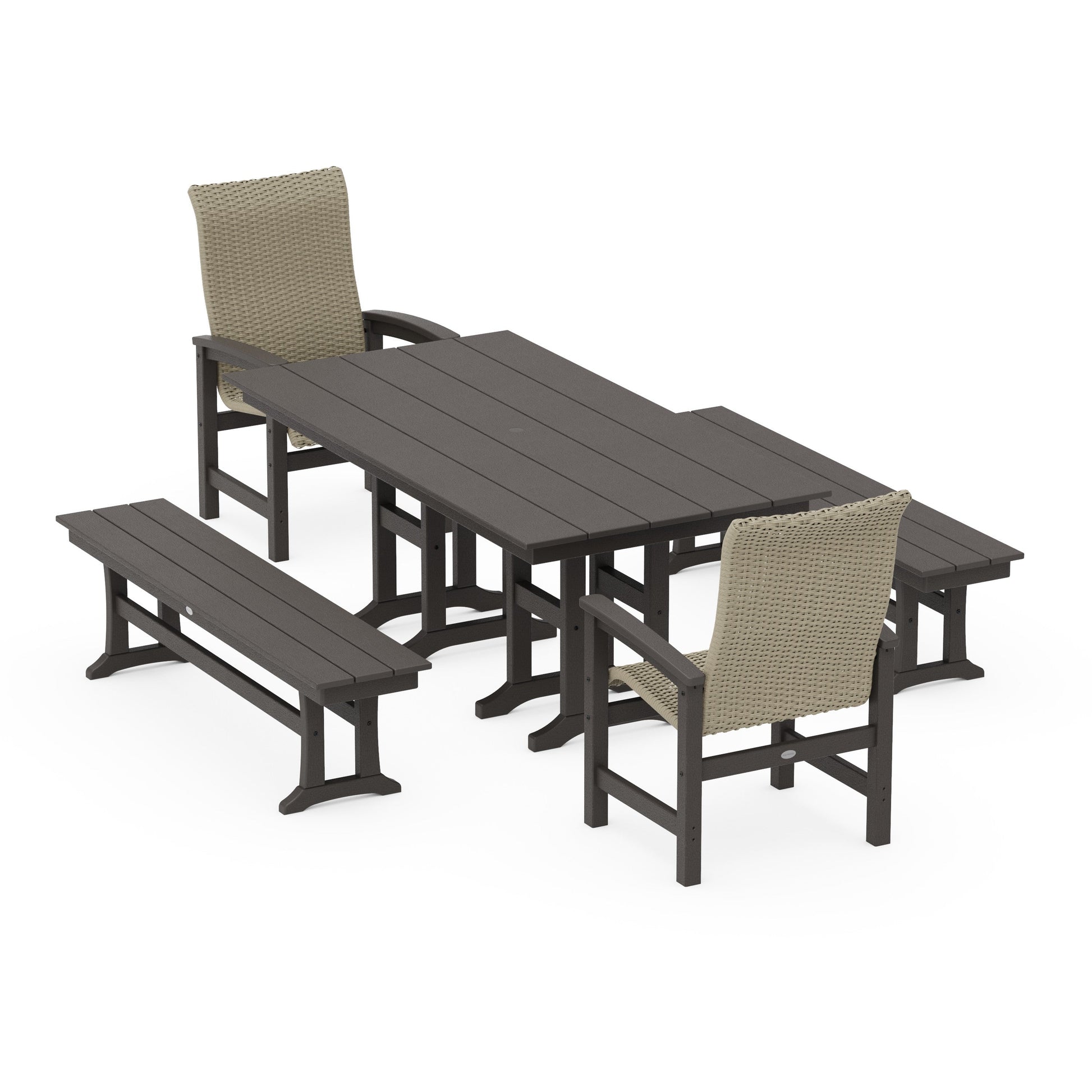 POLYWOOD Coastal Woven High-Back 5-Piece Farmhouse Dining Set with Benches — Vintage Coffee / Dune Grass