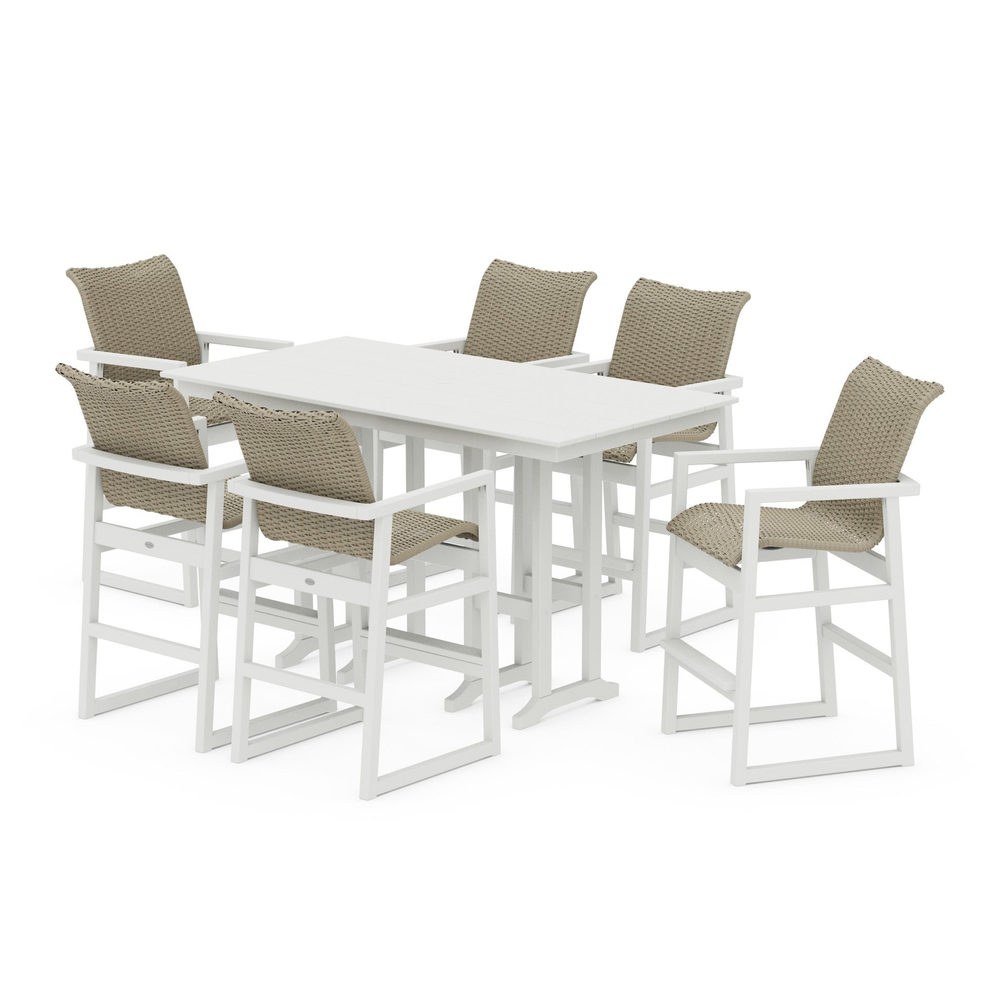 POLYWOOD EDGE Woven Arm Chair 7-Piece Farmhouse Bar Set — Vintage White / Dune Grass