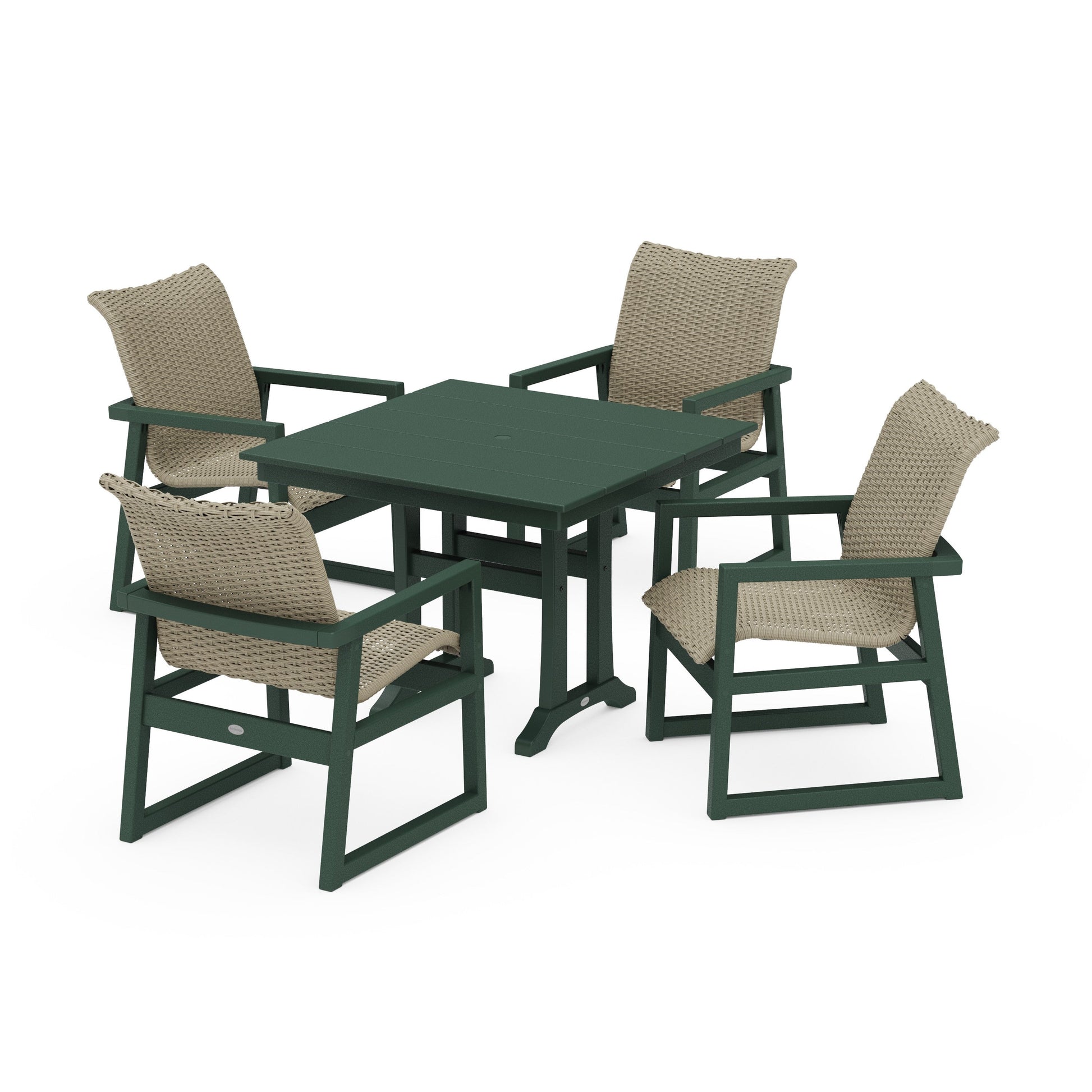 POLYWOOD EDGE Woven 5-Piece Farmhouse Dining Set with Trestle Legs — Green / Dune Grass