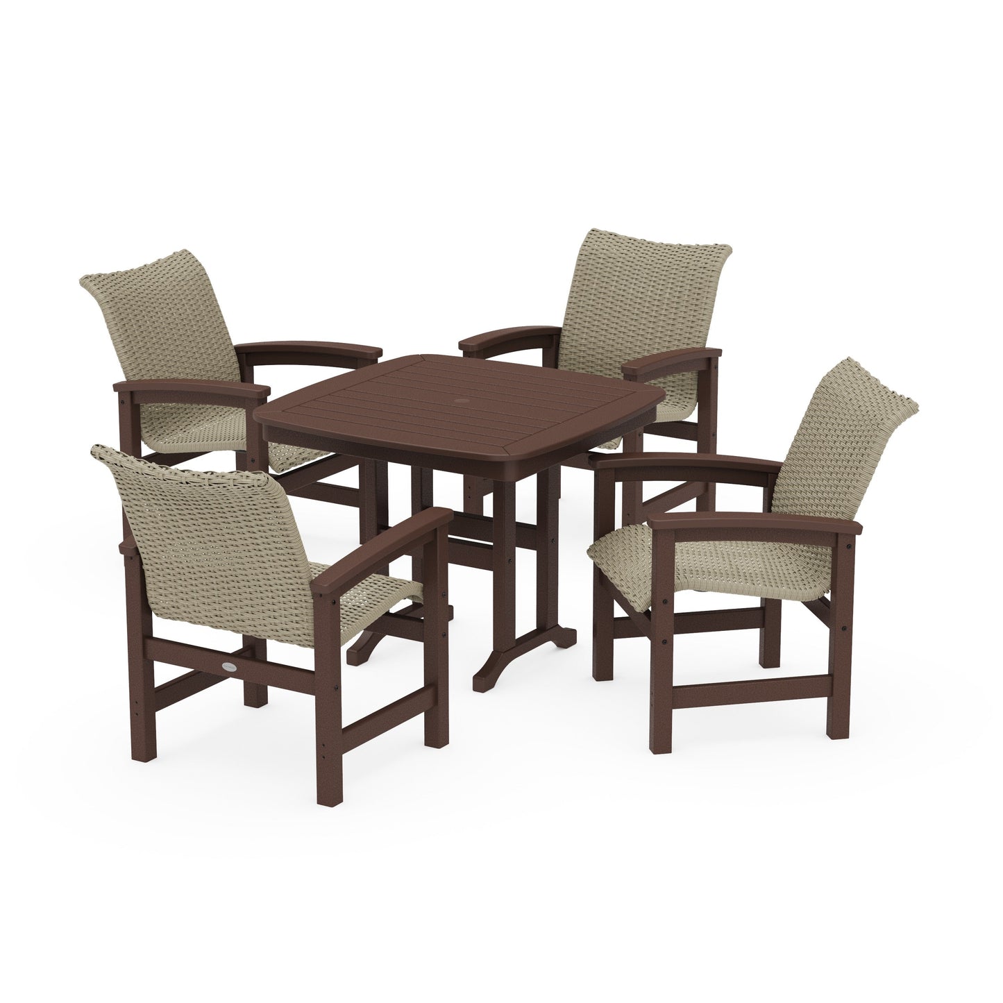 POLYWOOD Coastal Woven 5-Piece Dining Set — Mahogany / Dune Grass