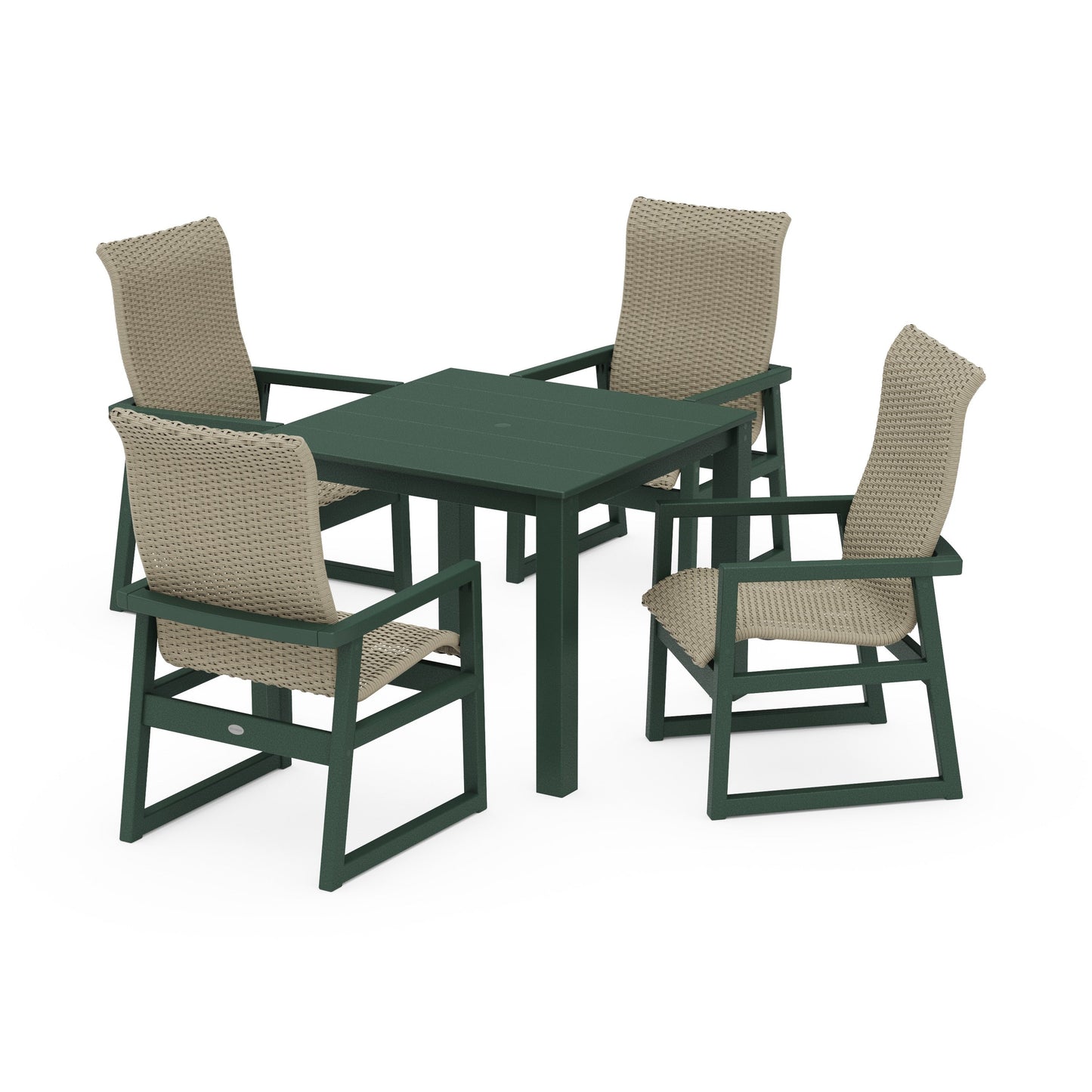 POLYWOOD EDGE Woven Highback 5-Piece Parsons Dining Set — Green / Dune Grass