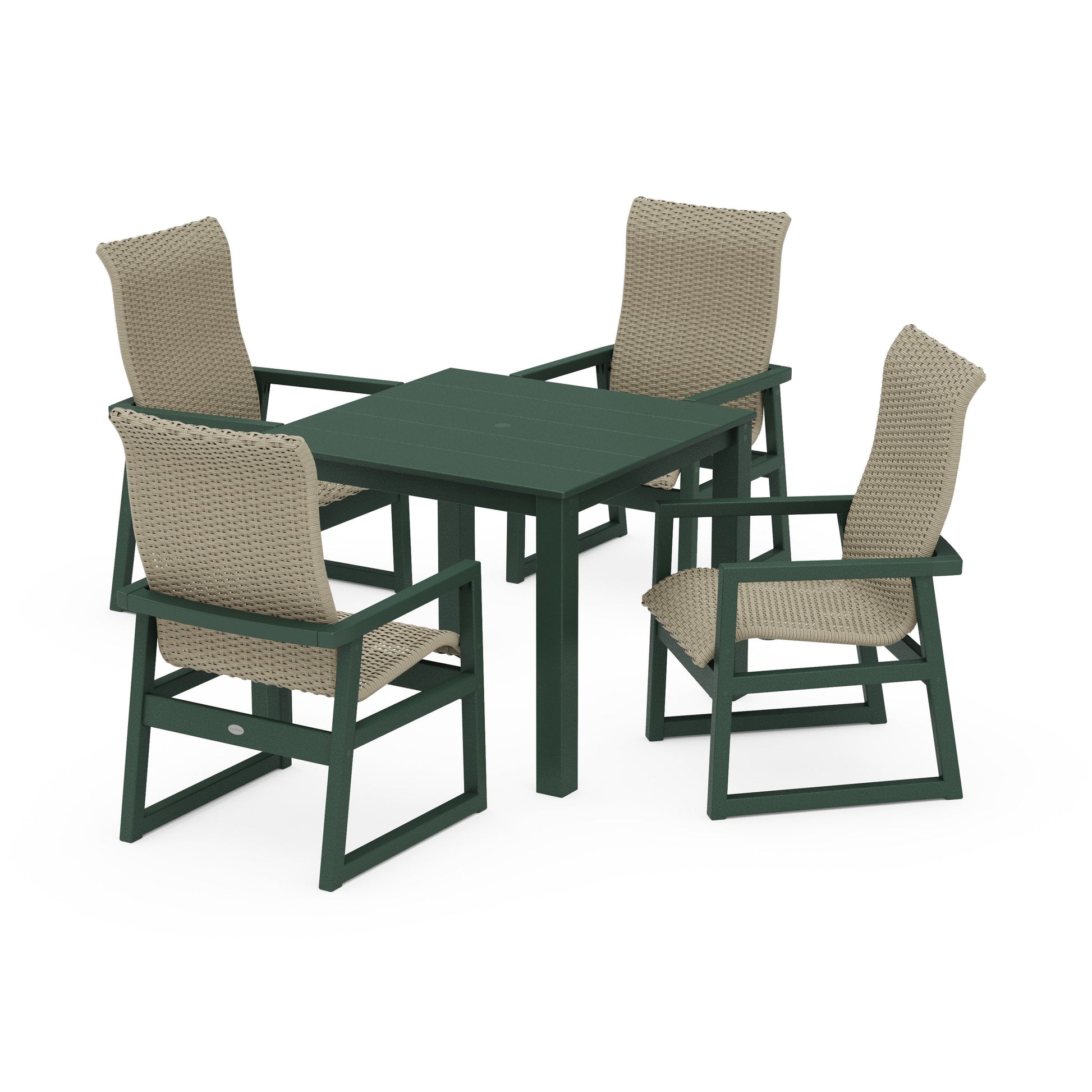 POLYWOOD EDGE Woven Highback 5-Piece Parsons Dining Set — Green / Dune Grass