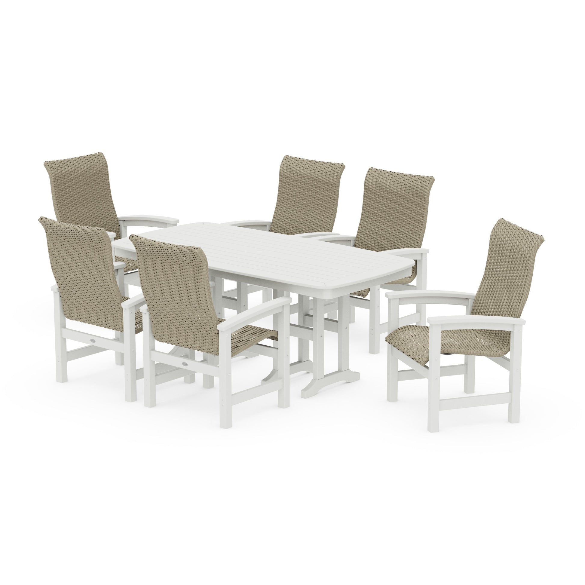 POLYWOOD Coastal Woven High-Back Arm Chair 7-Piece Dining Set — White / Dune Grass