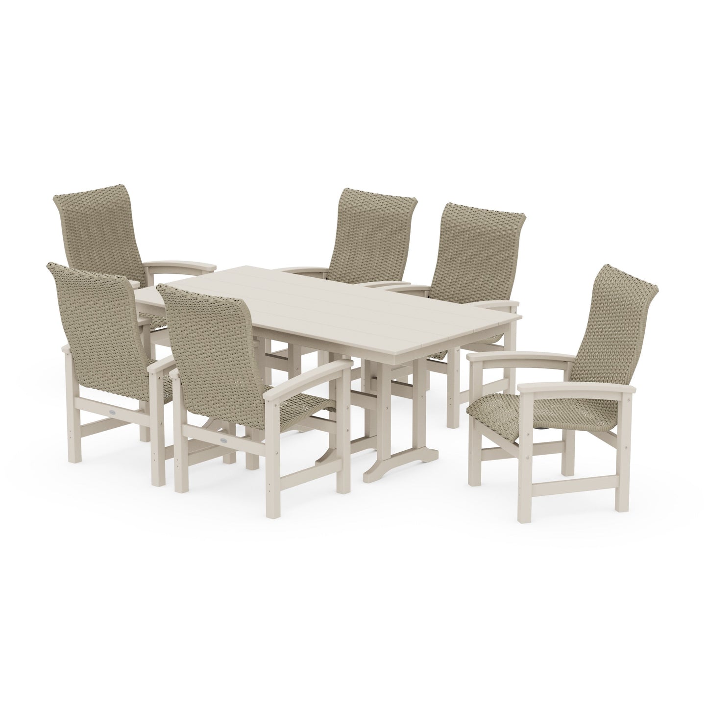POLYWOOD Coastal Woven High-Back Arm Chair 7-Piece Farmhouse Dining Set — Sand / Dune Grass