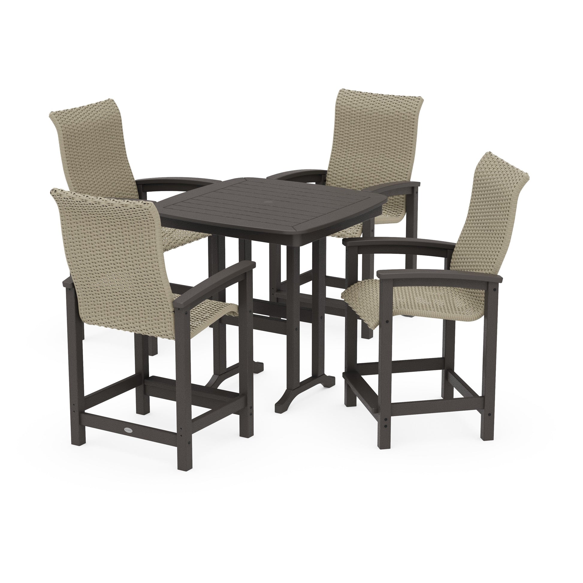 POLYWOOD Coastal Woven High-Back 5-Piece Counter Set — Vintage Coffee / Dune Grass