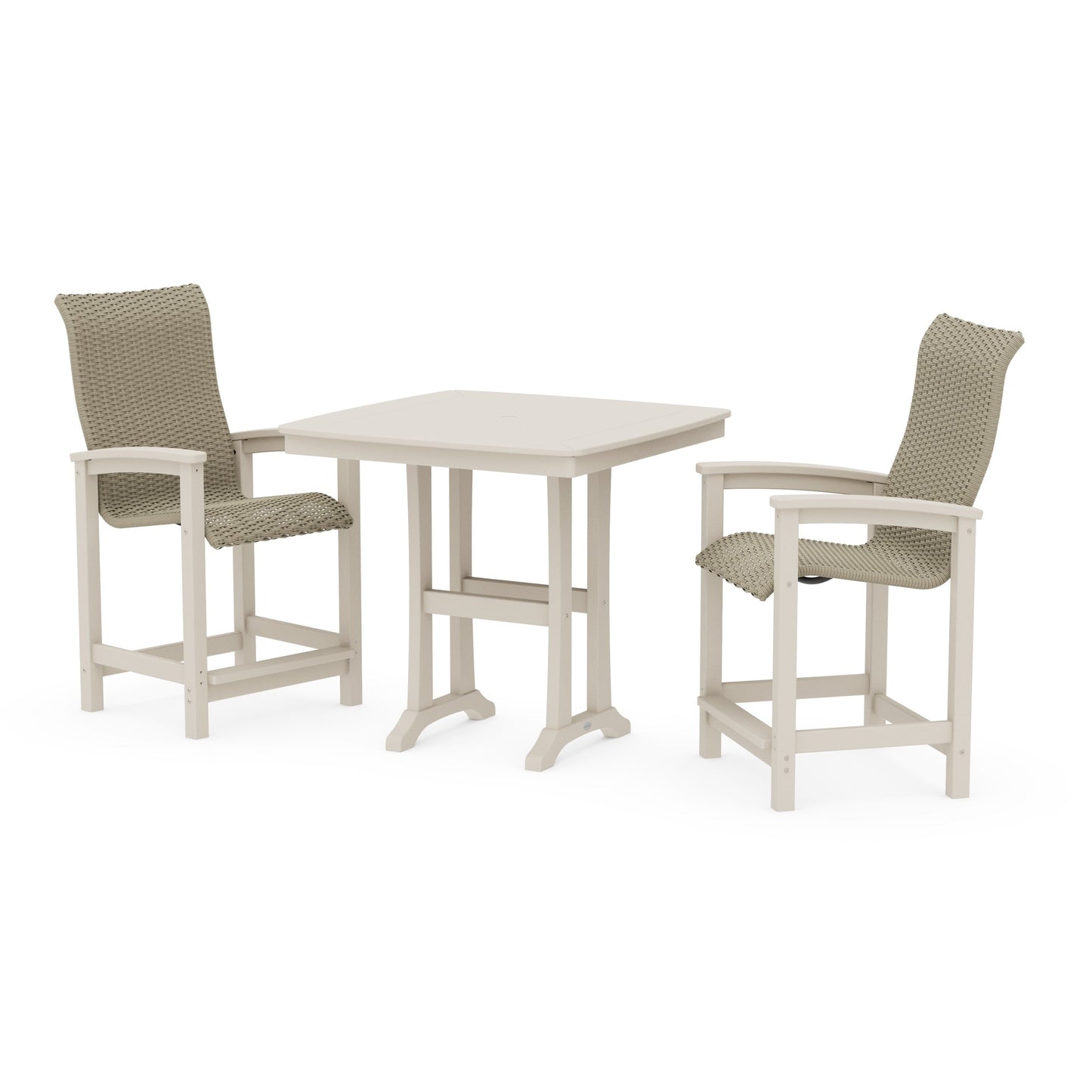 POLYWOOD Coastal Woven High-Back 3-Piece Counter Set with Trestle Legs — Sand / Dune Grass