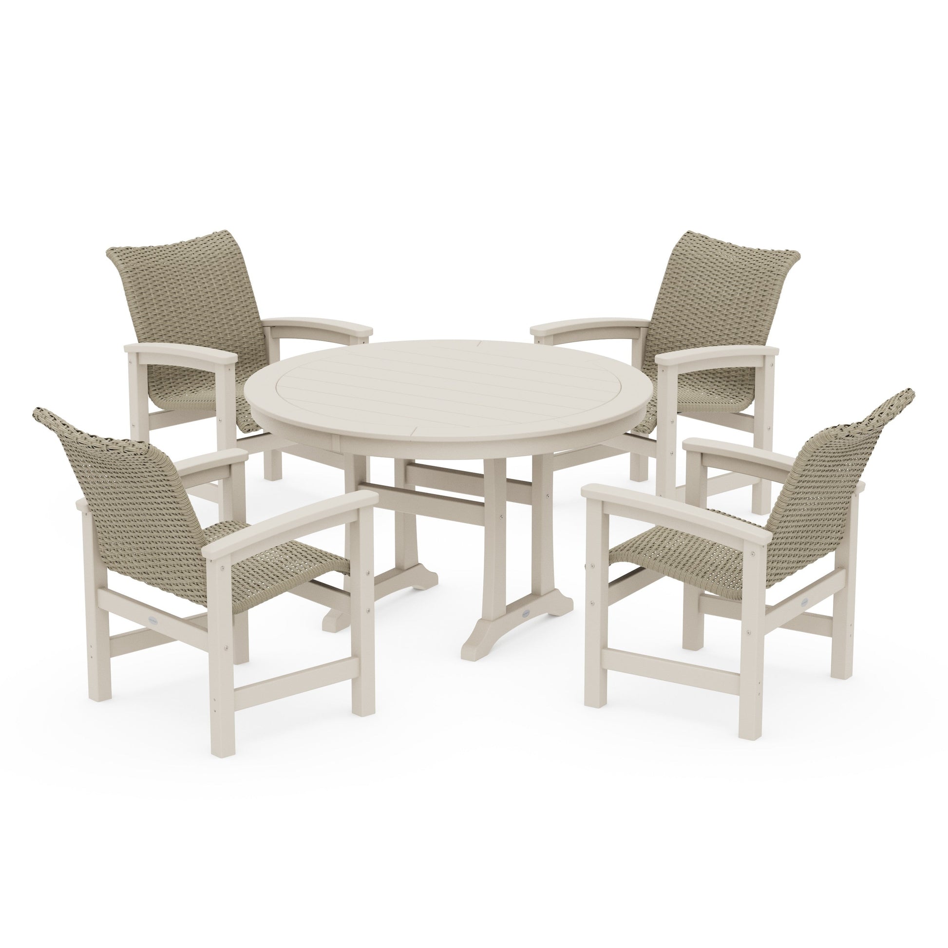 POLYWOOD Coastal Woven 5-Piece Round Dining Set with Trestle Legs — Sand / Dune Grass