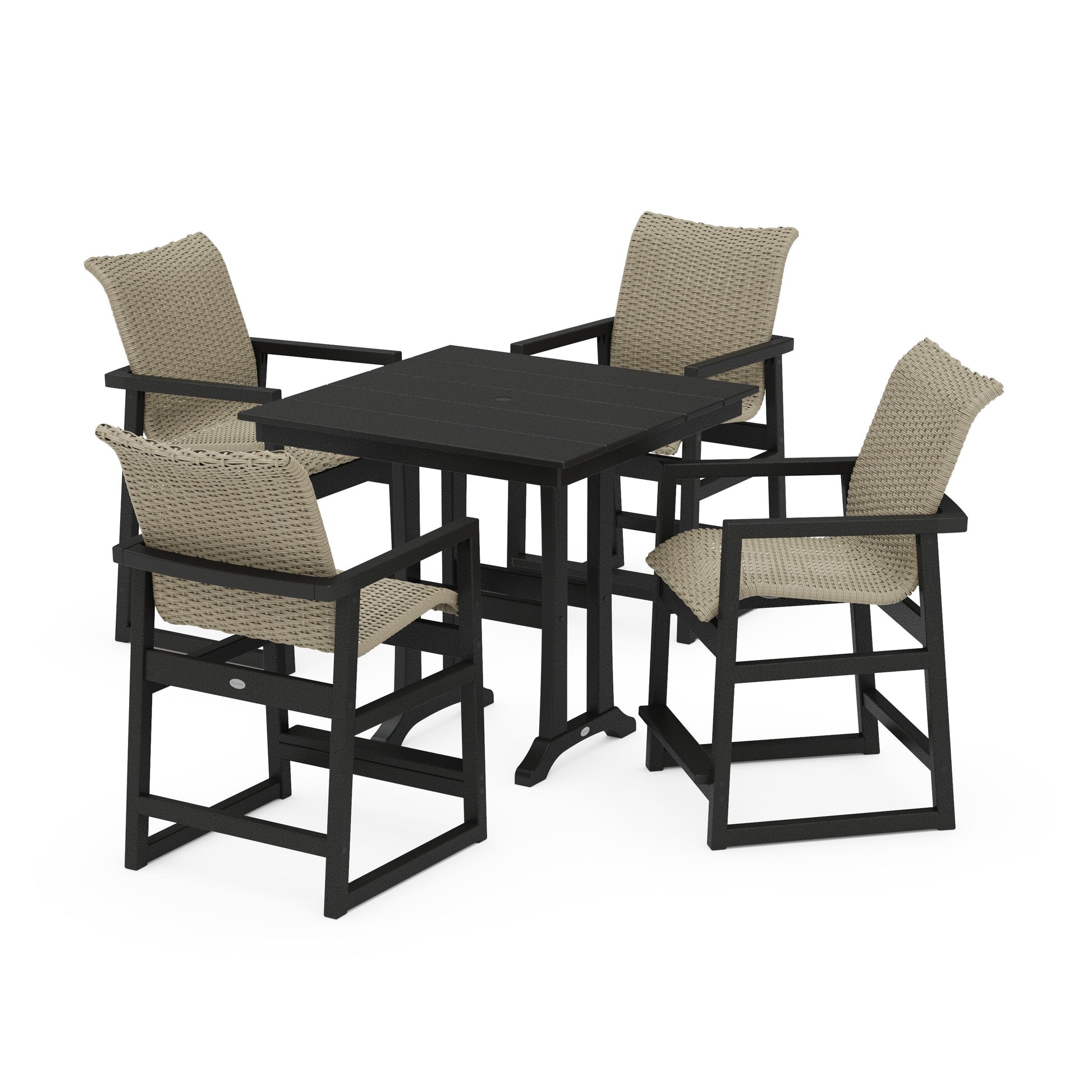 POLYWOOD EDGE Woven 5-Piece Farmhouse Counter Set with Trestle Legs — Black / Dune Grass