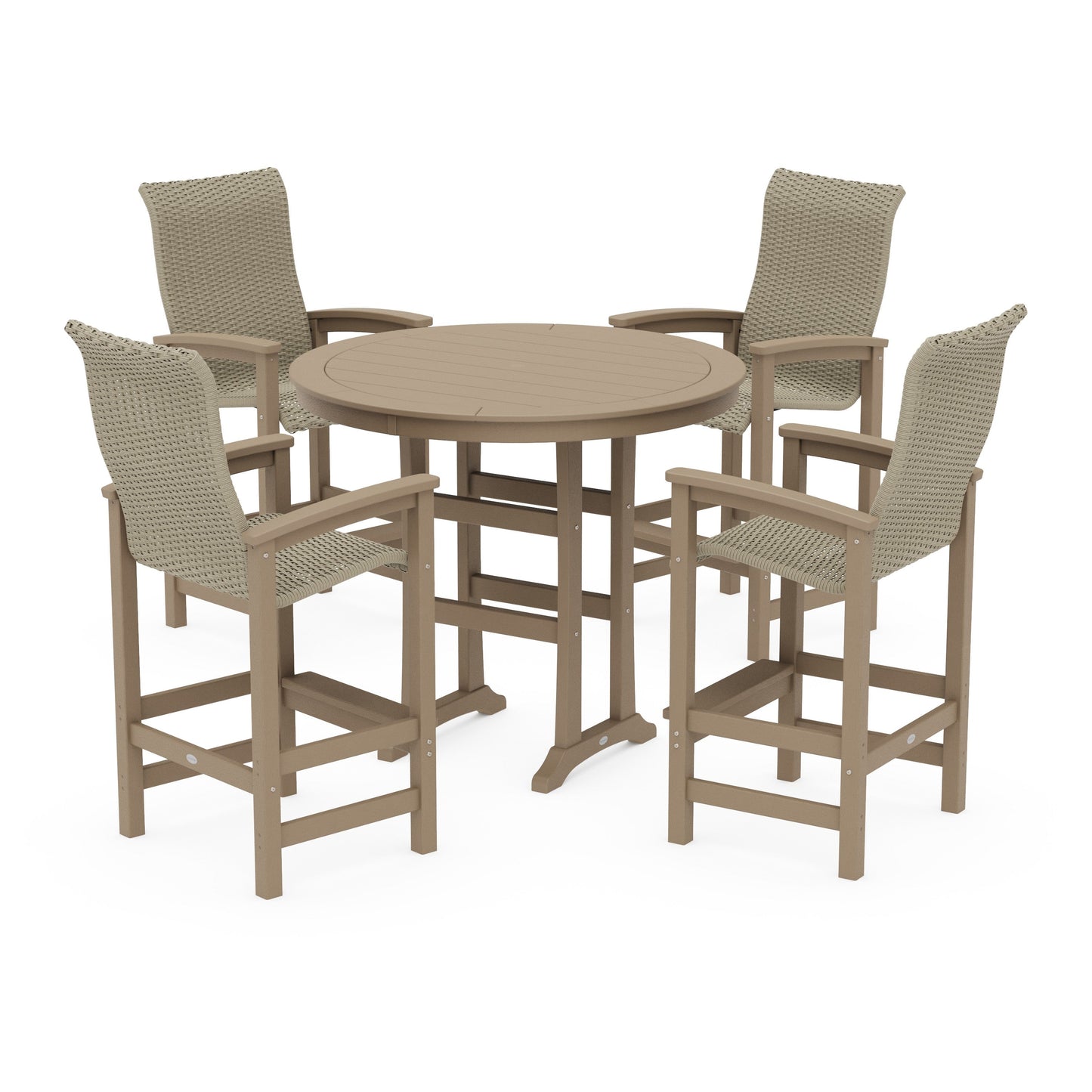 POLYWOOD Coastal Woven High-Back 5-Piece Round Bar Set — Vintage Sahara / Dune Grass