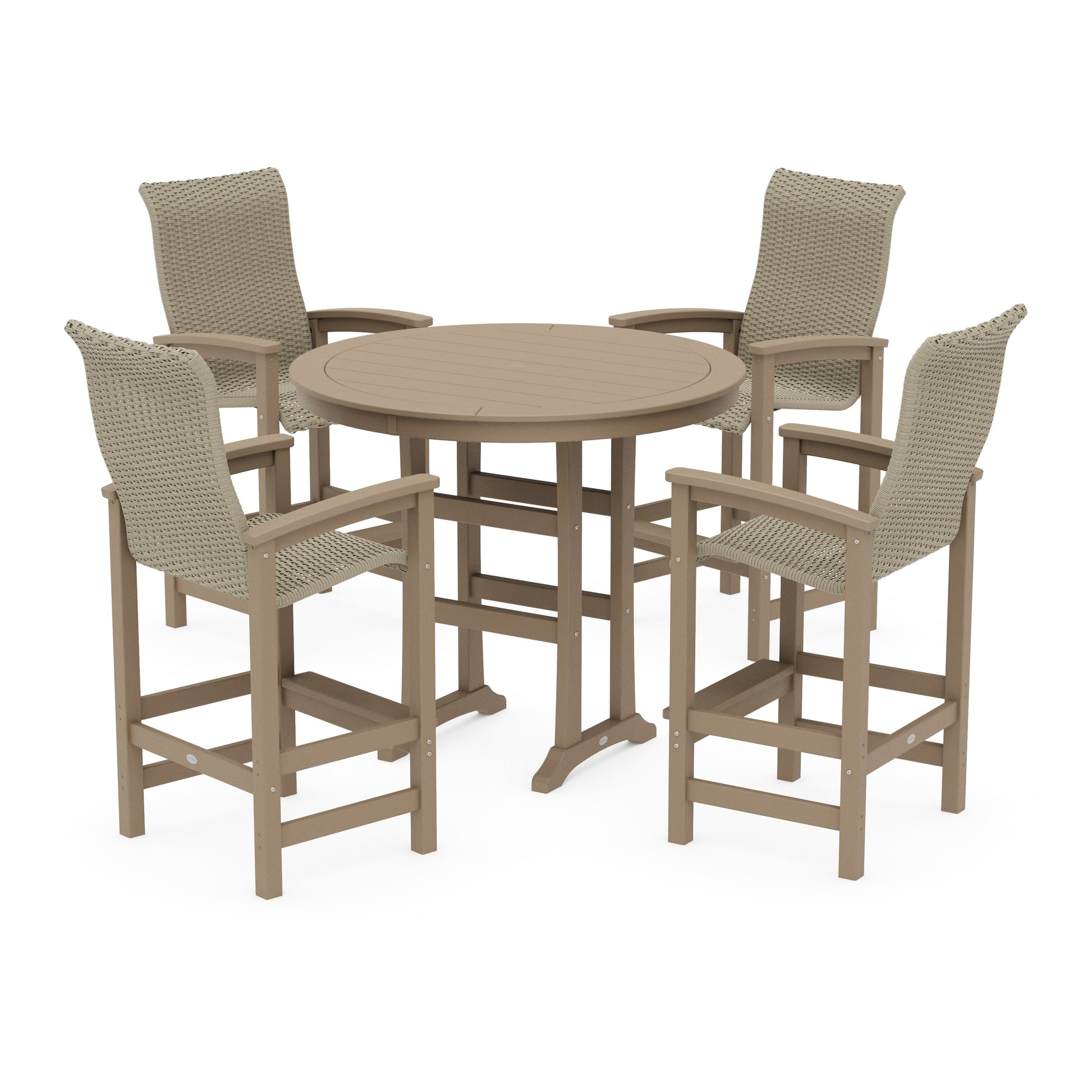 POLYWOOD Coastal Woven High-Back 5-Piece Round Bar Set — Vintage Sahara / Dune Grass