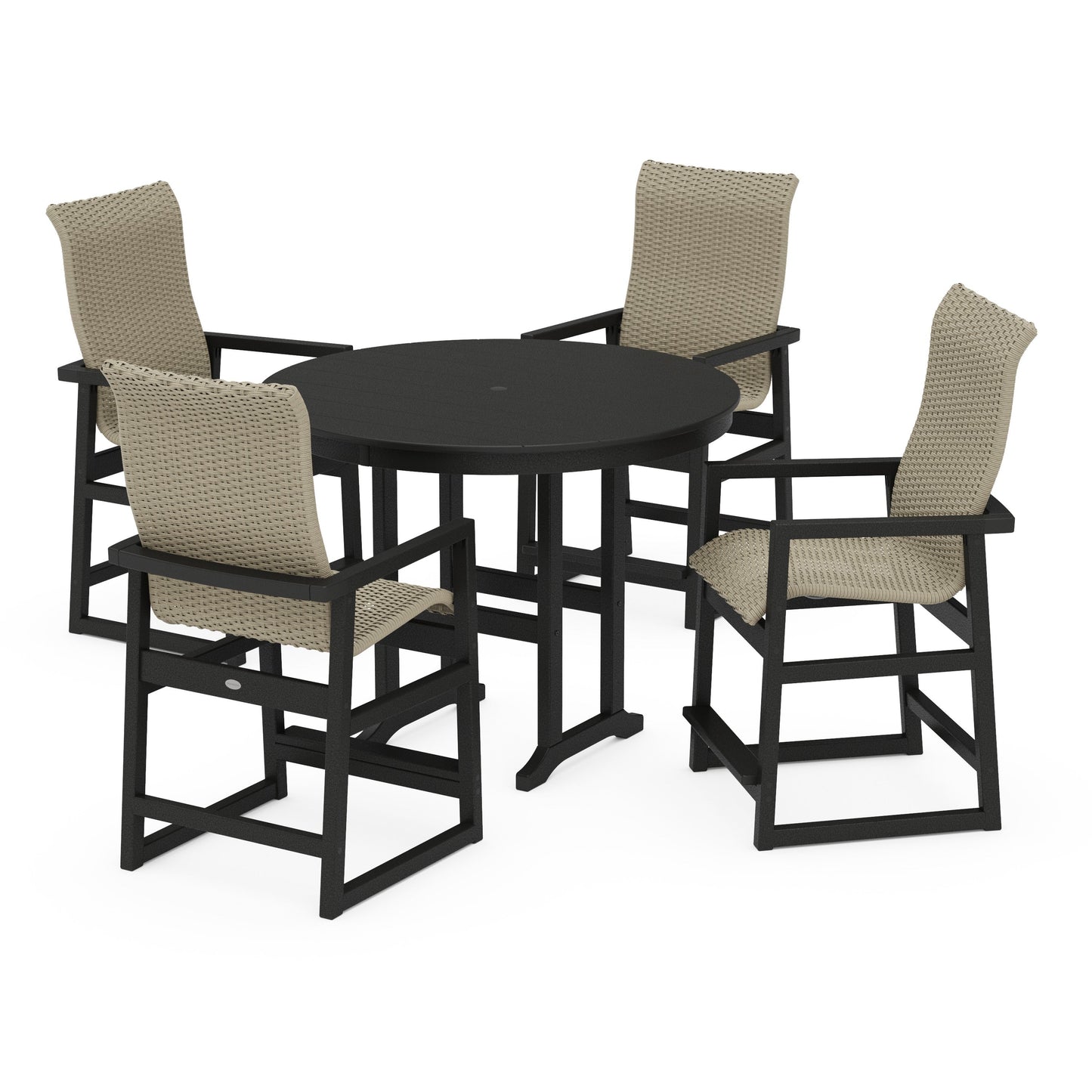 POLYWOOD EDGE Woven Highback 5-Piece Round Farmhouse Counter Set — Black / Dune Grass