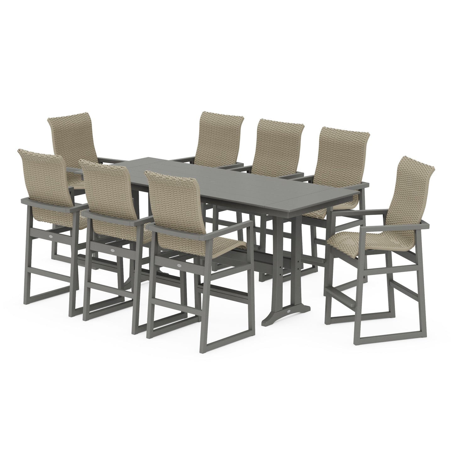 POLYWOOD EDGE Woven Highback 9-Piece Farmhouse Bar Set with Trestle Legs — Slate Grey / Dune Grass