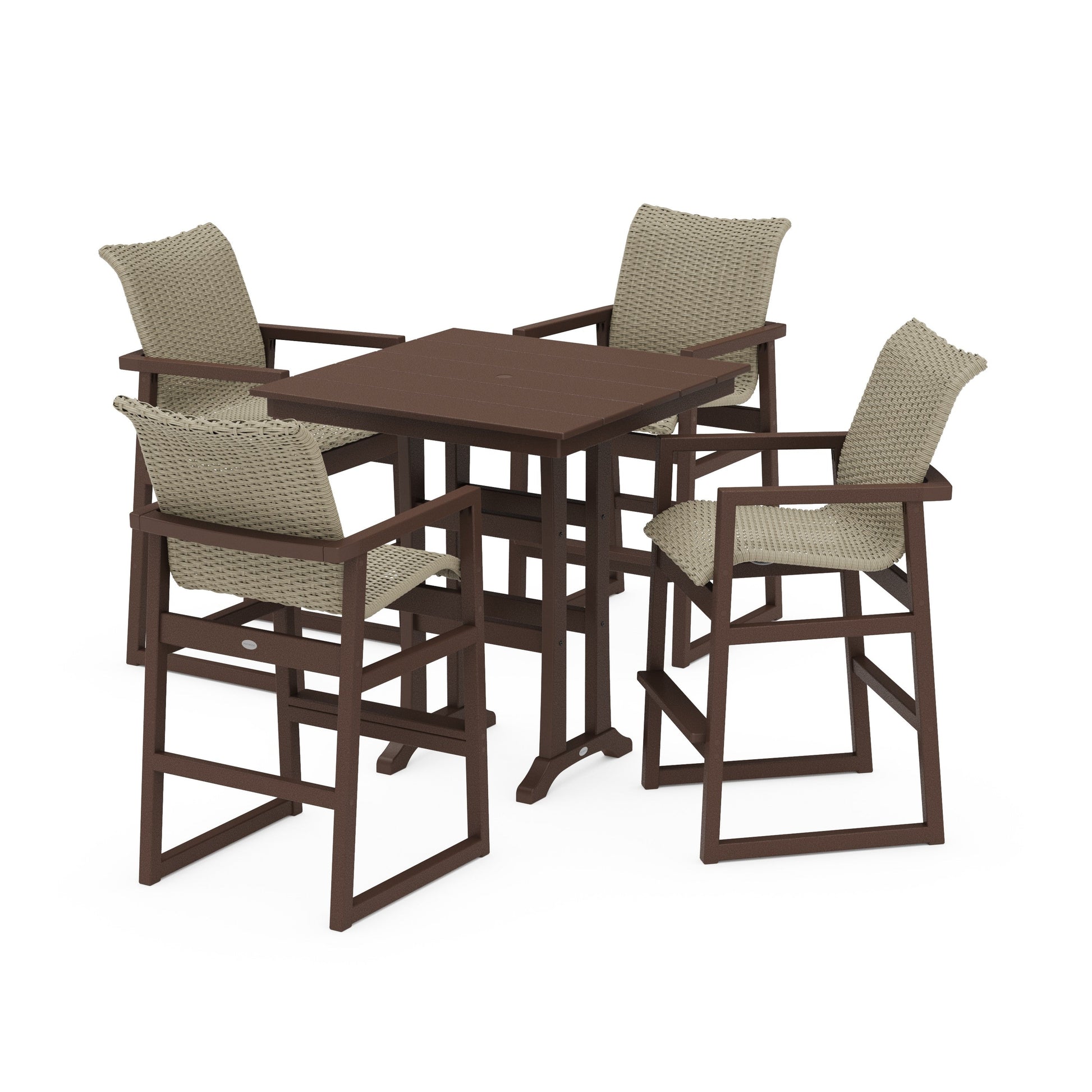POLYWOOD EDGE Woven 5-Piece Farmhouse Bar Set with Trestle Legs — Mahogany / Dune Grass